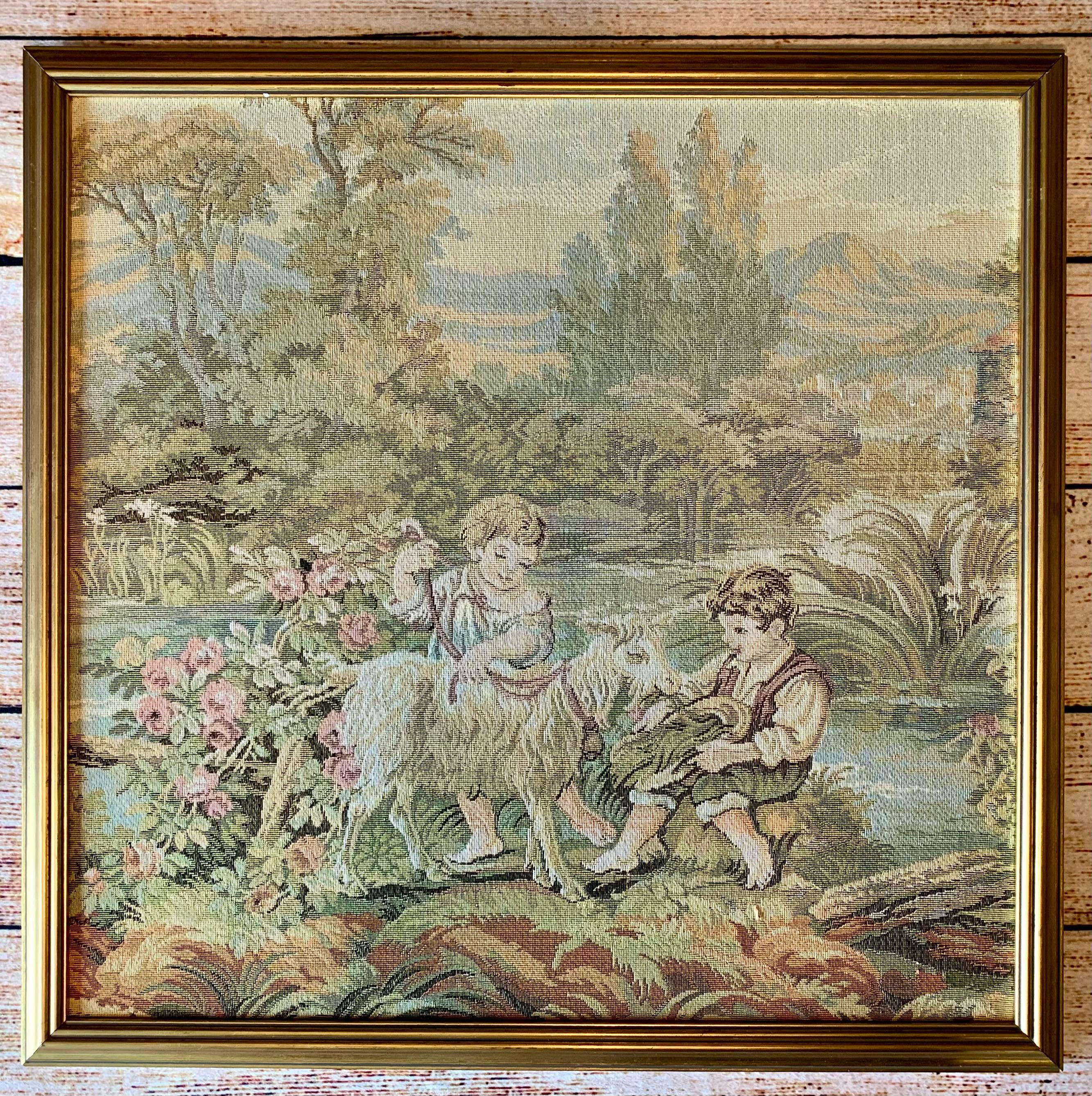 Add a touch of whimsy to your décor with a beautiful woven tapestry depicting a charming scene of two young children enjoying a picturesque day in the countryside.  Exuding the epitomé of French romanticism and its’ emphasis on embracing life, love,