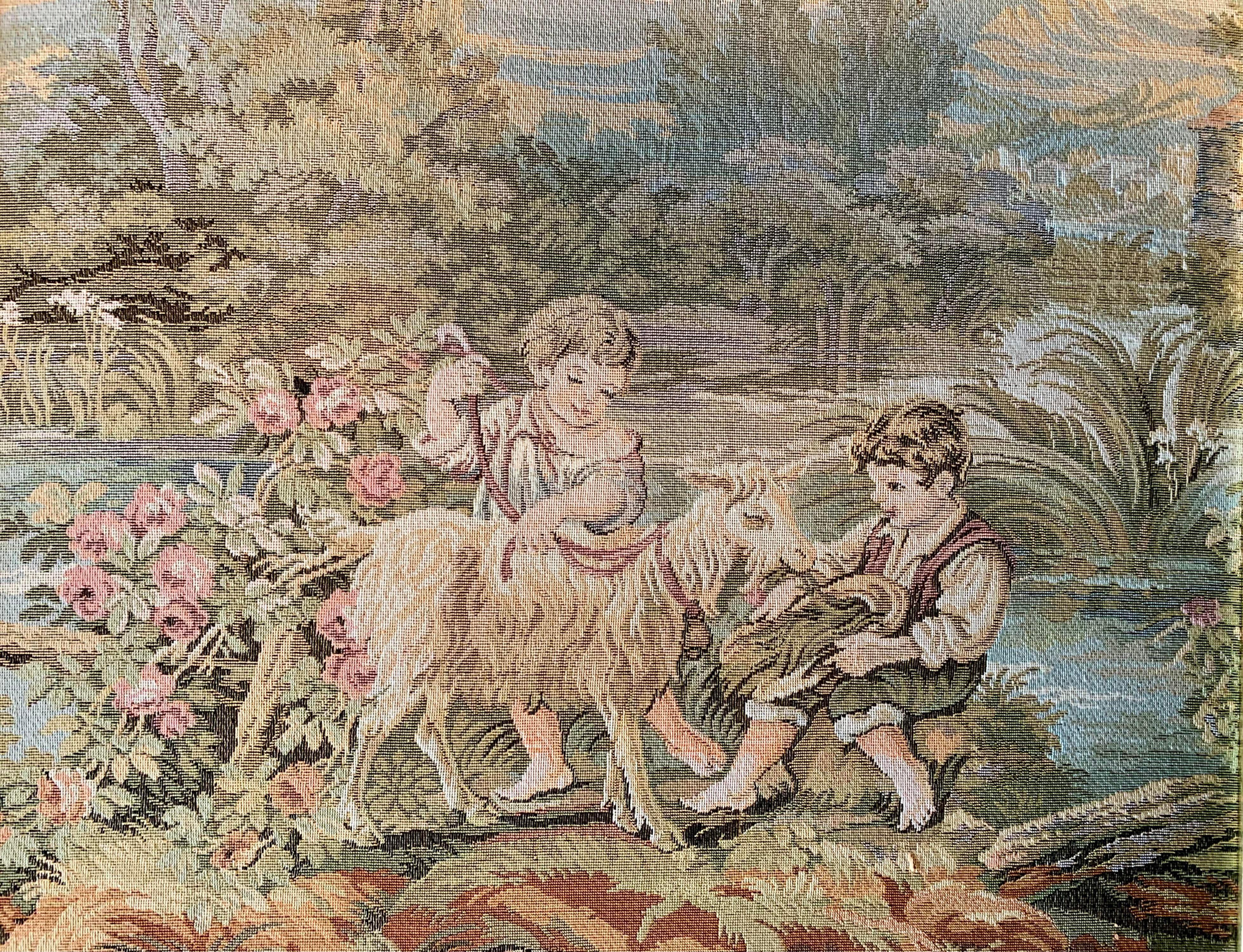 Victorian Children's Theme Antique French Country Tapestry - Framed For Sale