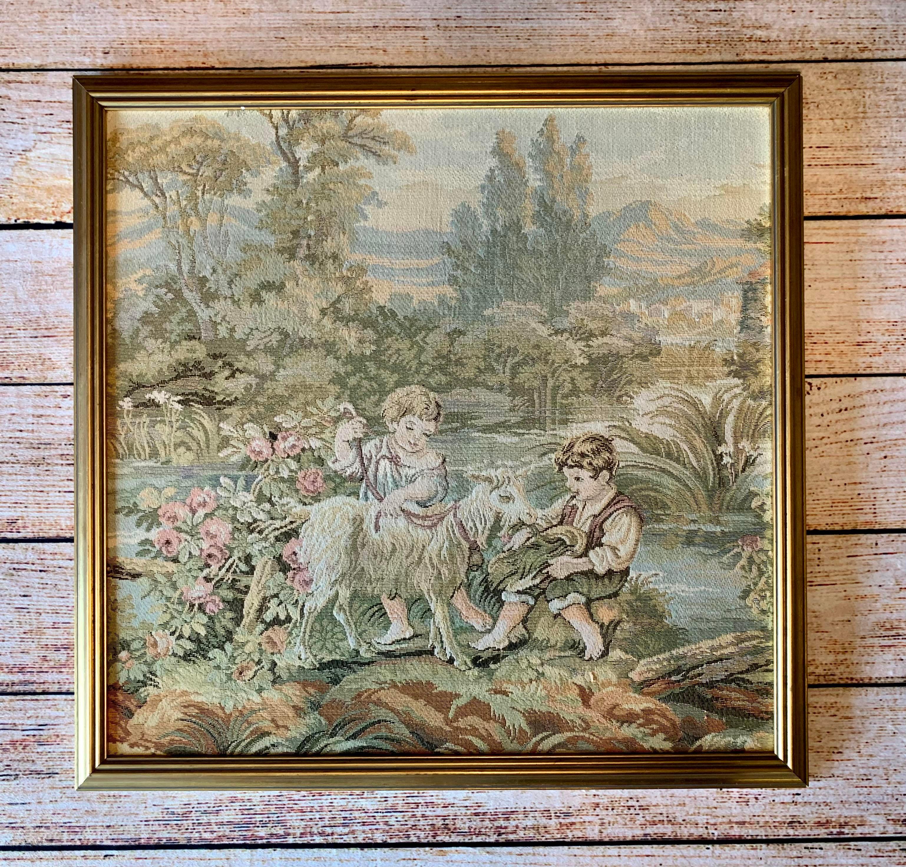 Children's Theme Antique French Country Tapestry - Framed For Sale 2