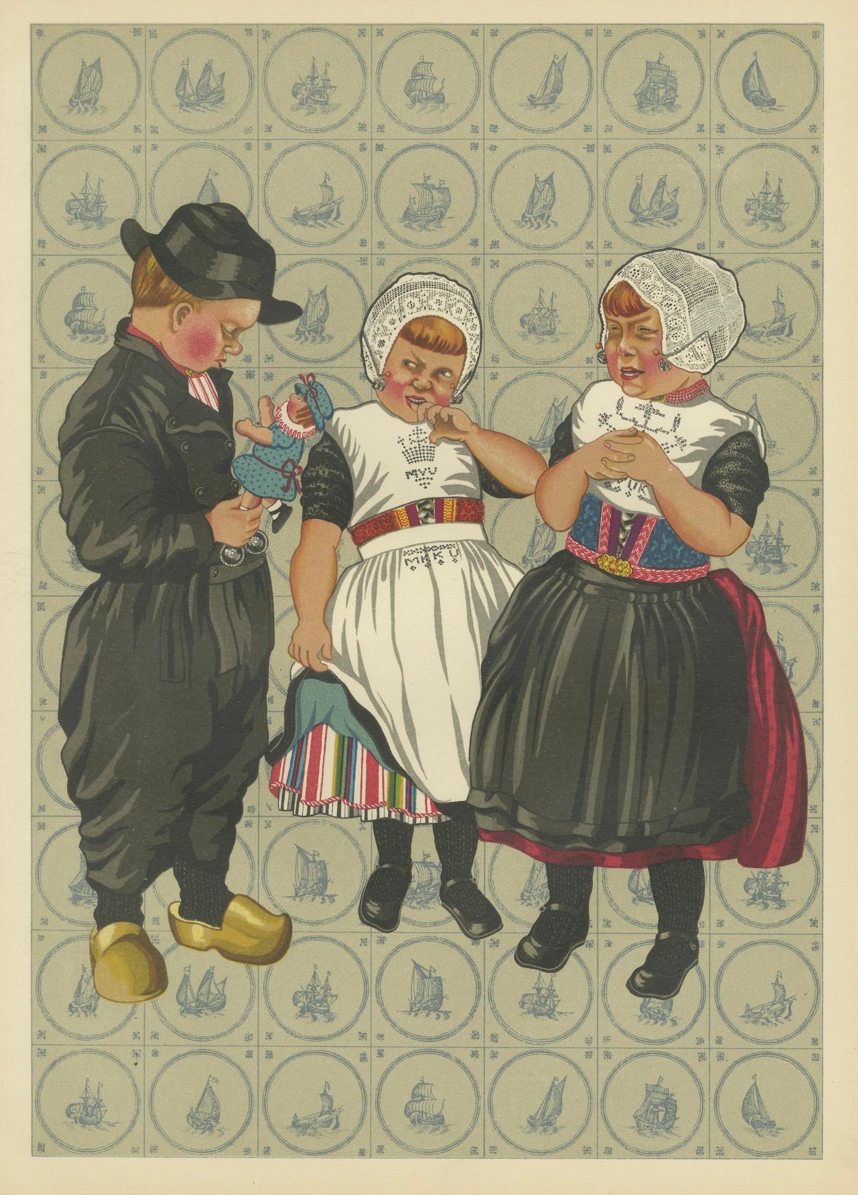Papier Robe traditionnelle pour enfants de Urk avec tabliers brodés et détails en argent en vente