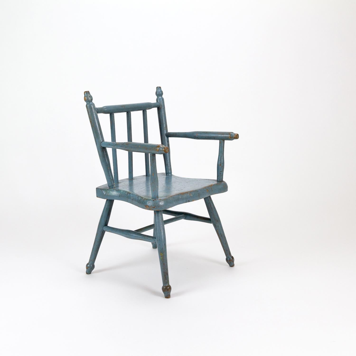 Rustic Child’s Blue Painted Pine Chair, Denmark, circa 1900 For Sale