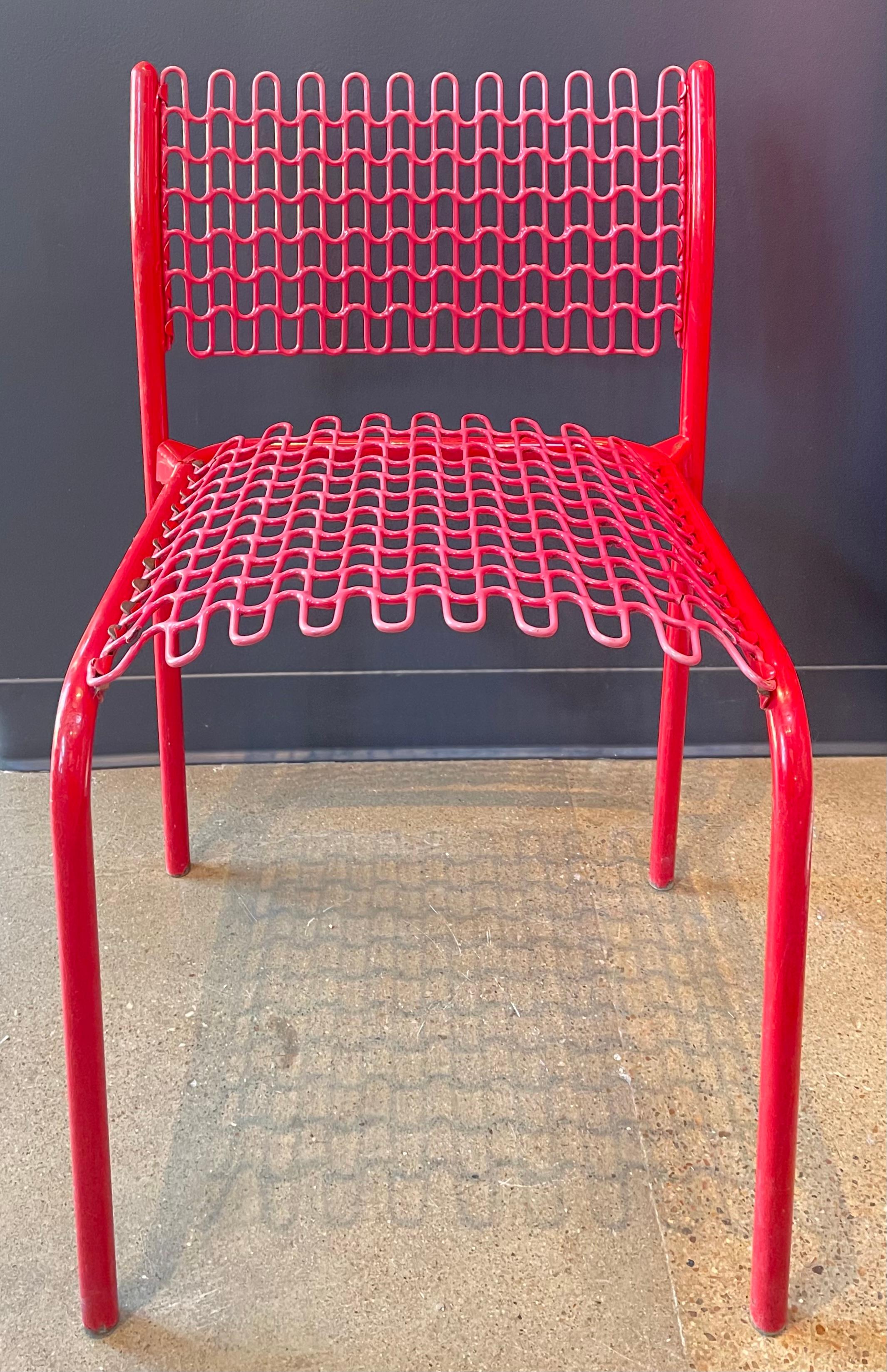 Extremely rare 1970s ‘Sof-Tek’ chairs by David Rowland for Thonet. Steel frames are coated in red ‘Soflex’, a material famously invented by Rowland by filling metal springs in vinyl plastisol. Chairs retain original makers mark. 

In good vintage