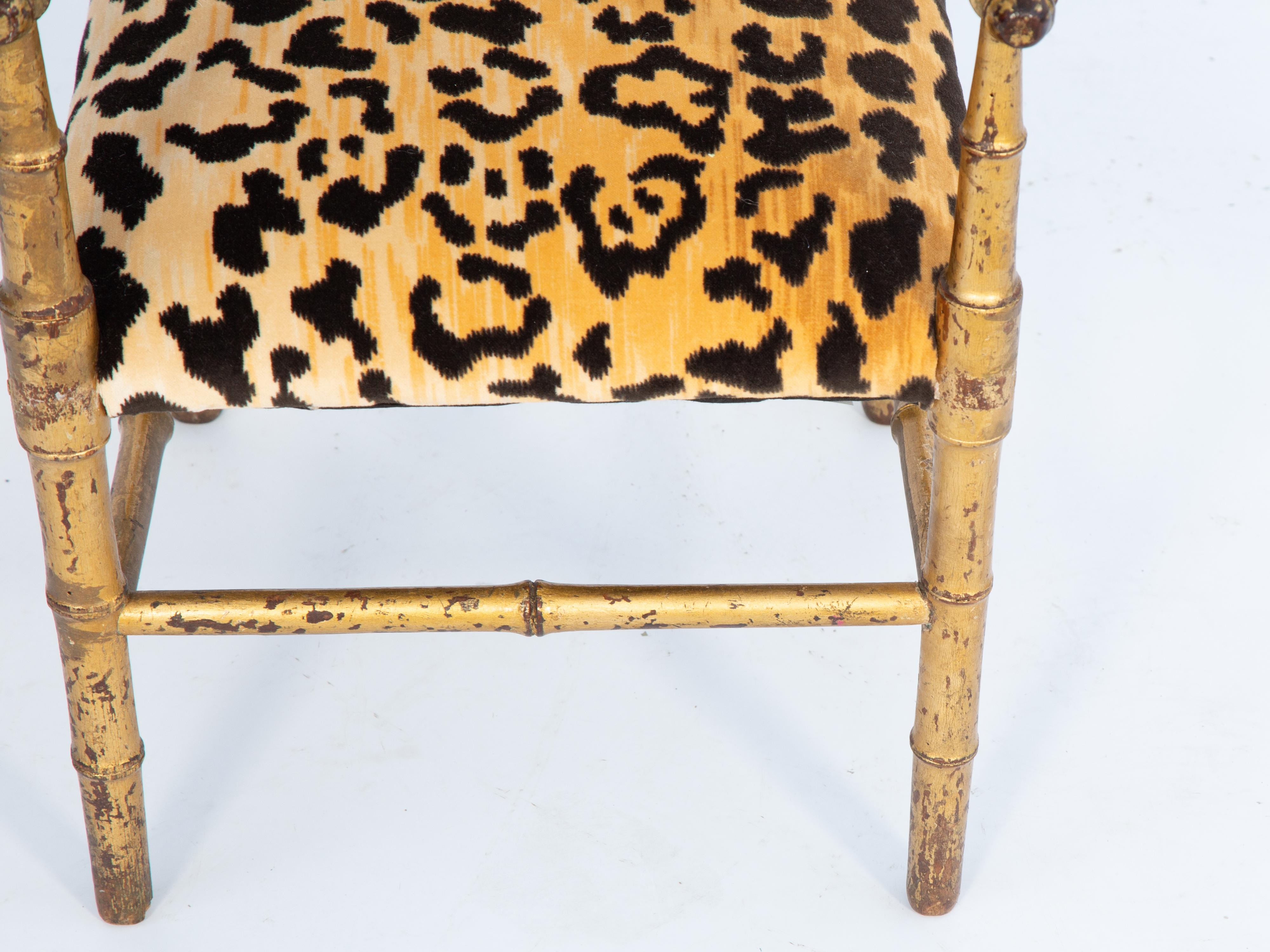 American Child's Gilded Faux Bamboo Armchair Upholstered in Leopard Velvet For Sale