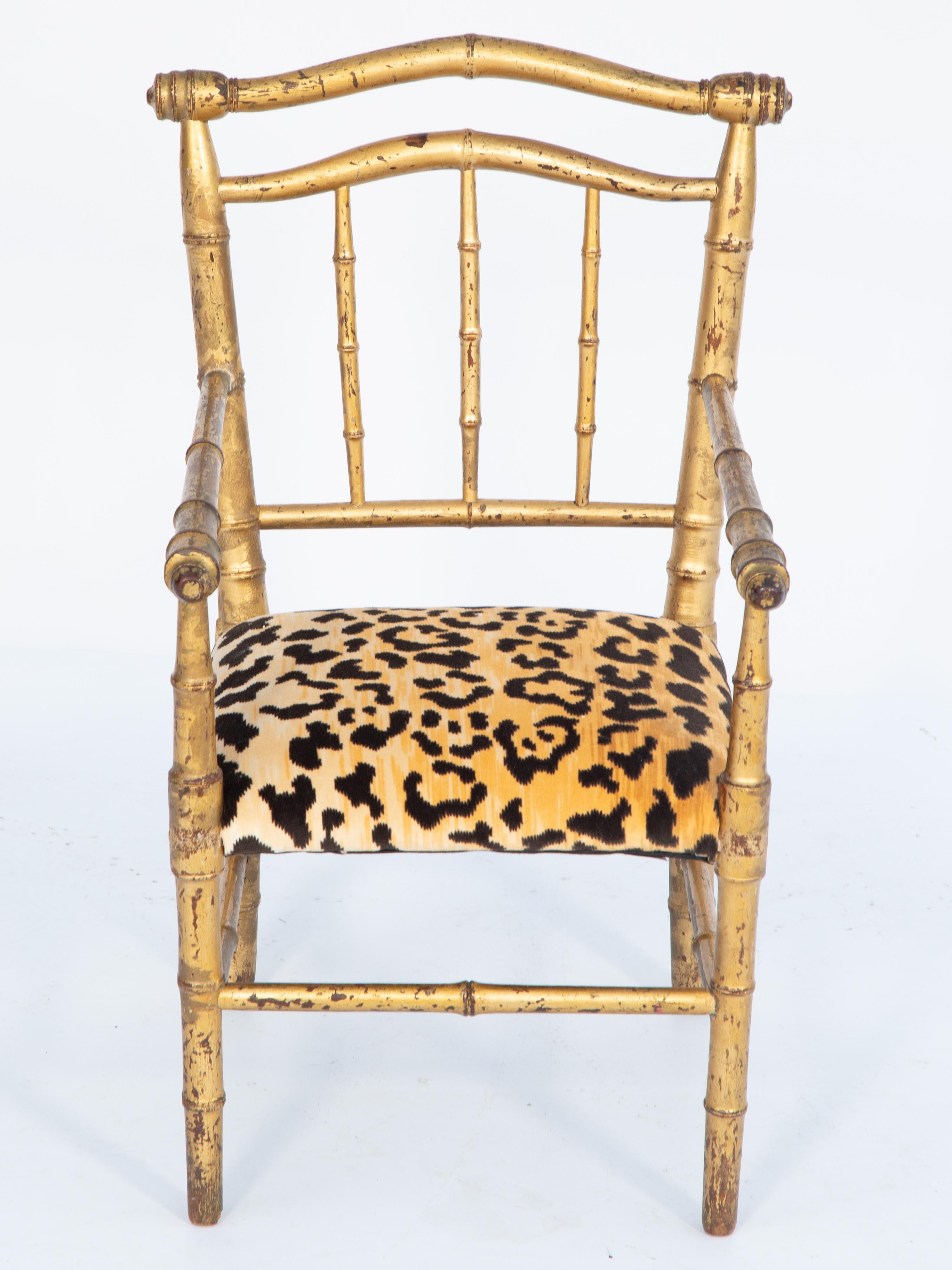 Gilt Child's Gilded Faux Bamboo Armchair Upholstered in Leopard Velvet For Sale