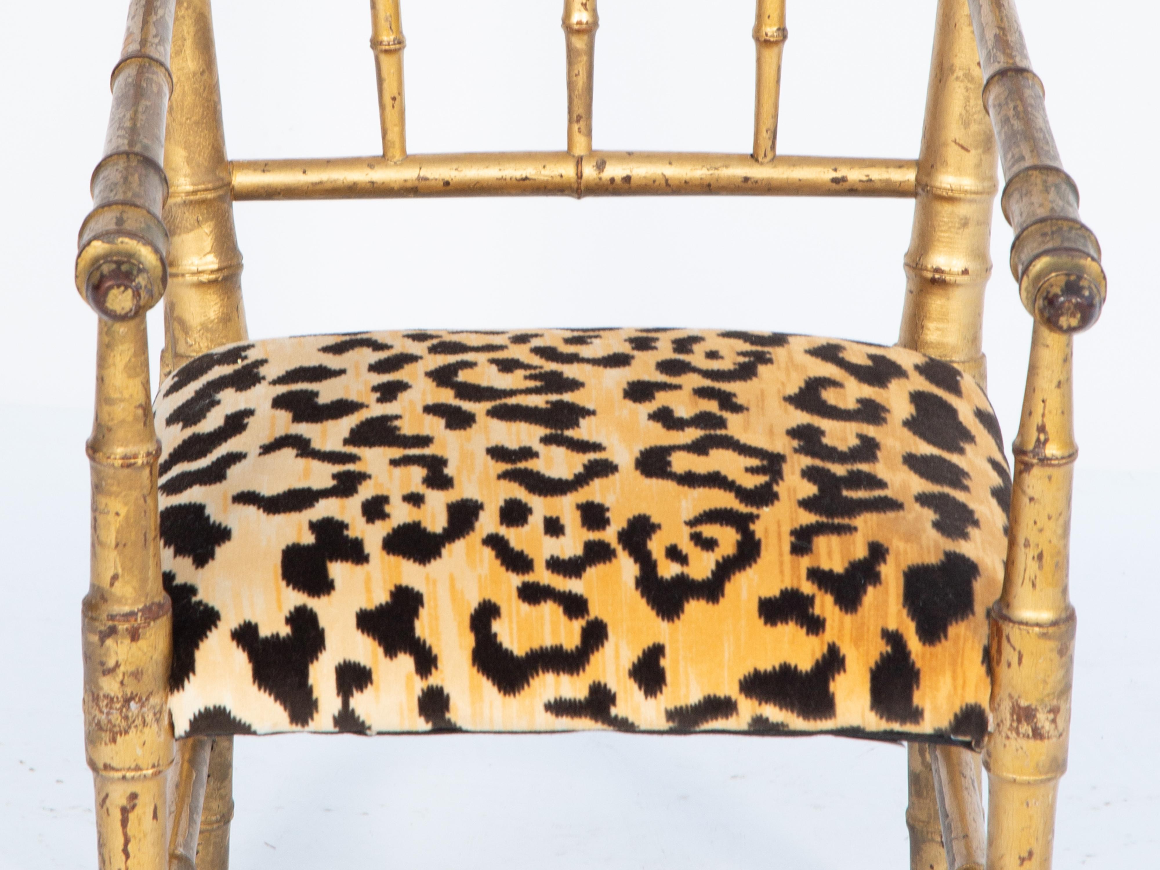 Child's Gilded Faux Bamboo Armchair Upholstered in Leopard Velvet In Fair Condition For Sale In West Palm Beach, FL