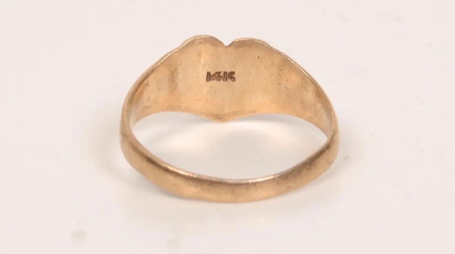 Child's Heart Shaped Signet Ring Marked 14K Yellow Gold. Initialed 