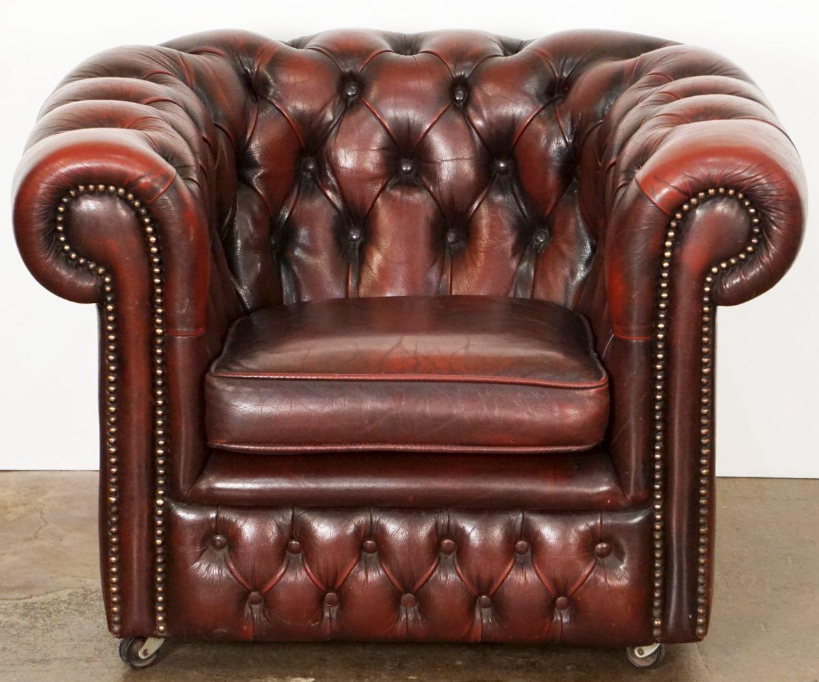 A handsome English Chesterfield child's sized club chair in cordovan leather, featuring a tufted leather back, rolled arms with brass nail head trim, removable upholstered pillow cushion seat, and rolling casters.