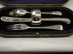 Child's Silver Knife, Fork and Spoon Set with Matching Napkin Ring, 1905