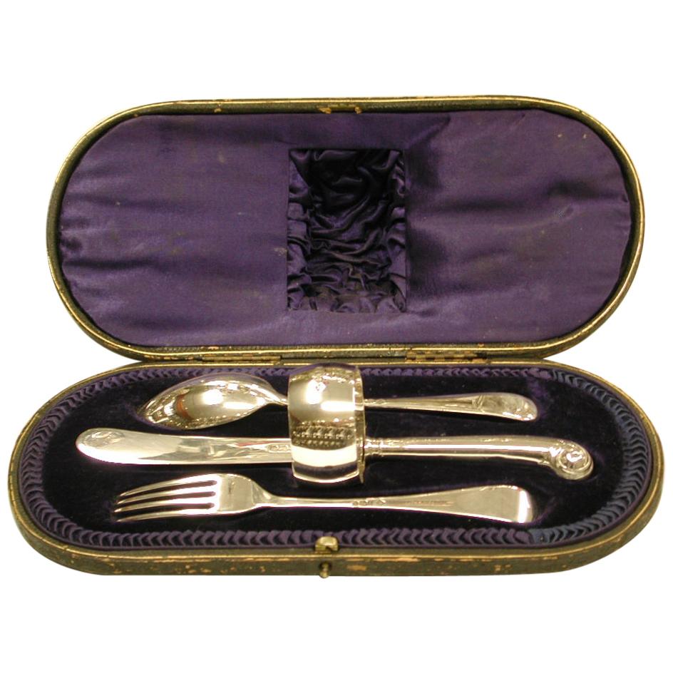 Child's Silver Knife, Fork and Spoon Set with Matching Napkin Ring, 1905