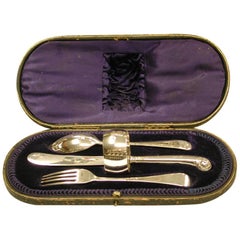 Antique Child's Silver Knife, Fork and Spoon Set with Matching Napkin Ring, 1905