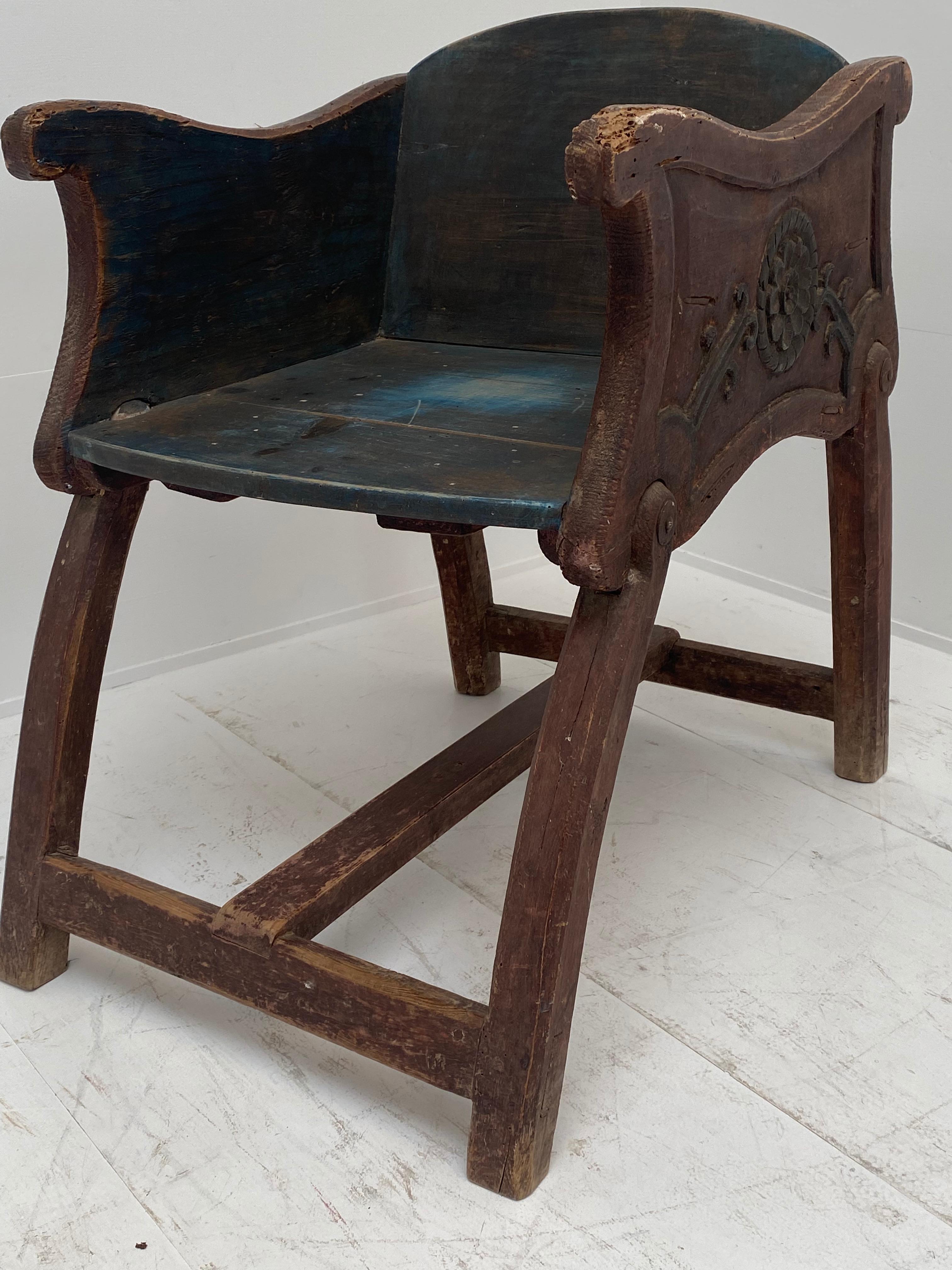 19th Century Antique Movable Brown/Blue Patinated Wooden Childs Stool, Spain For Sale