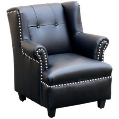 Child's Wingback Chair, Black Leather with Chrome Tacks