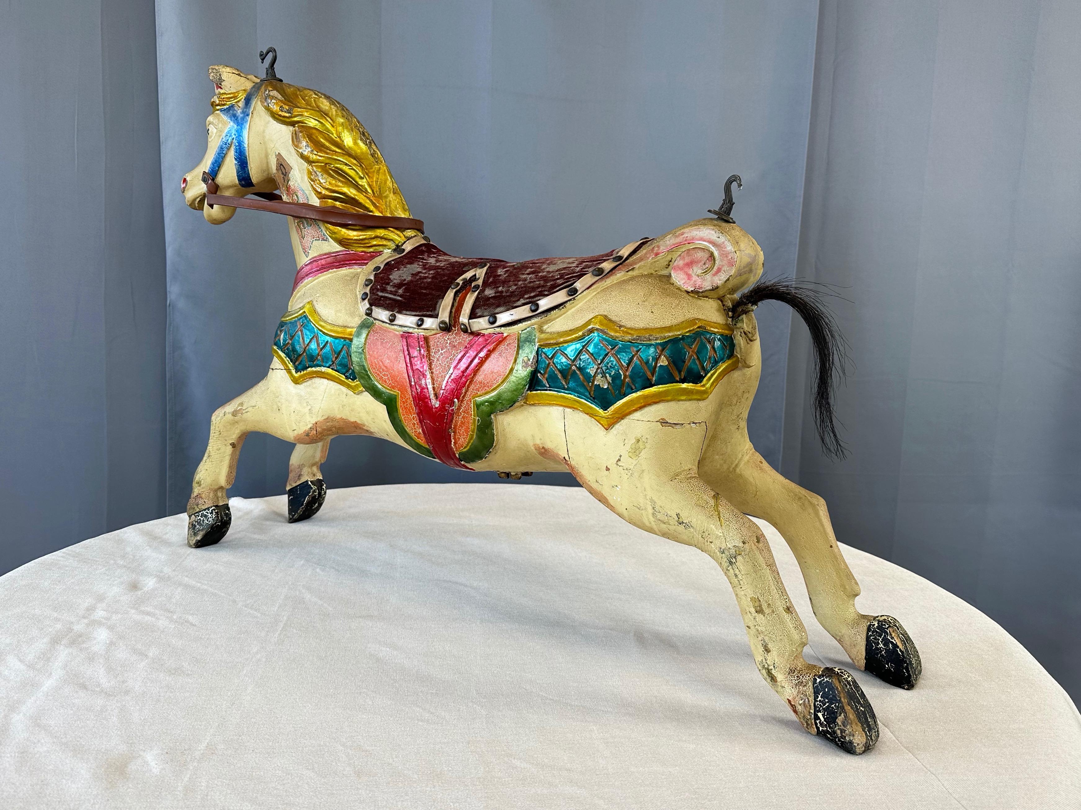American Craftsman Child’s Wood Carousel Horse with Polychrome, Mohair, and Horse Hair, c. 1920 For Sale