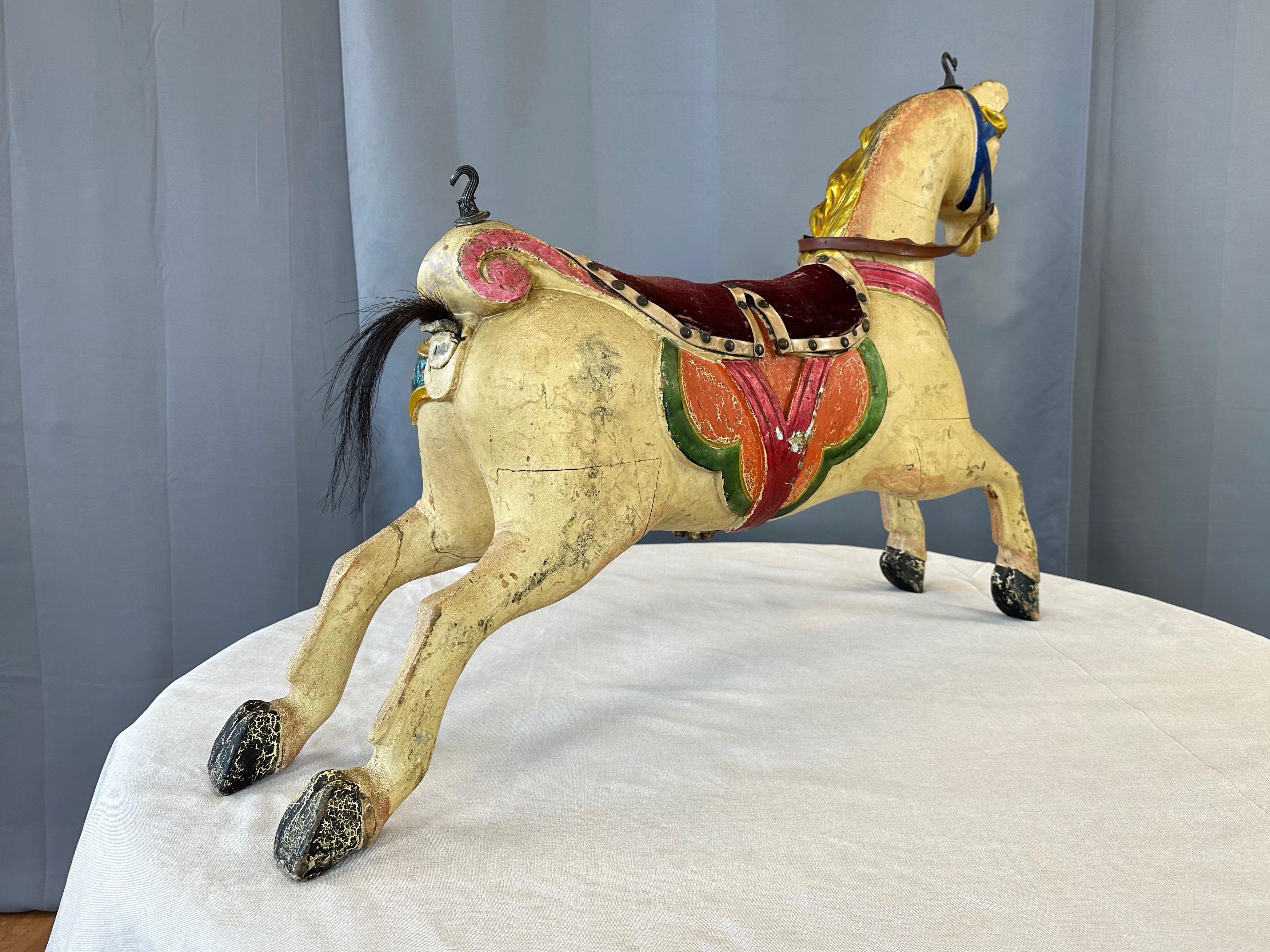 Hand-Painted Child’s Wood Carousel Horse with Polychrome, Mohair, and Horse Hair, c. 1920 For Sale