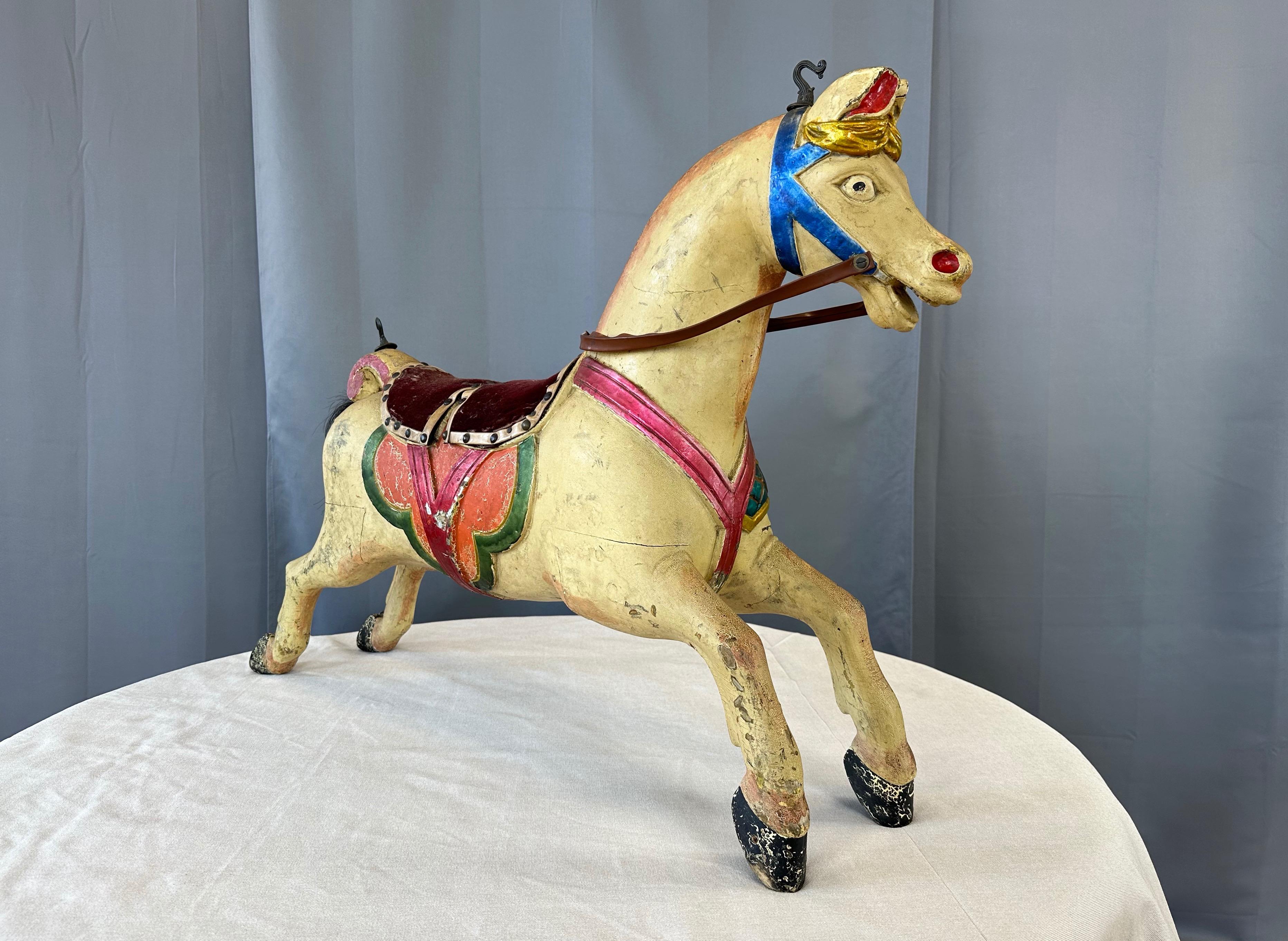 Early 20th Century Child’s Wood Carousel Horse with Polychrome, Mohair, and Horse Hair, c. 1920 For Sale