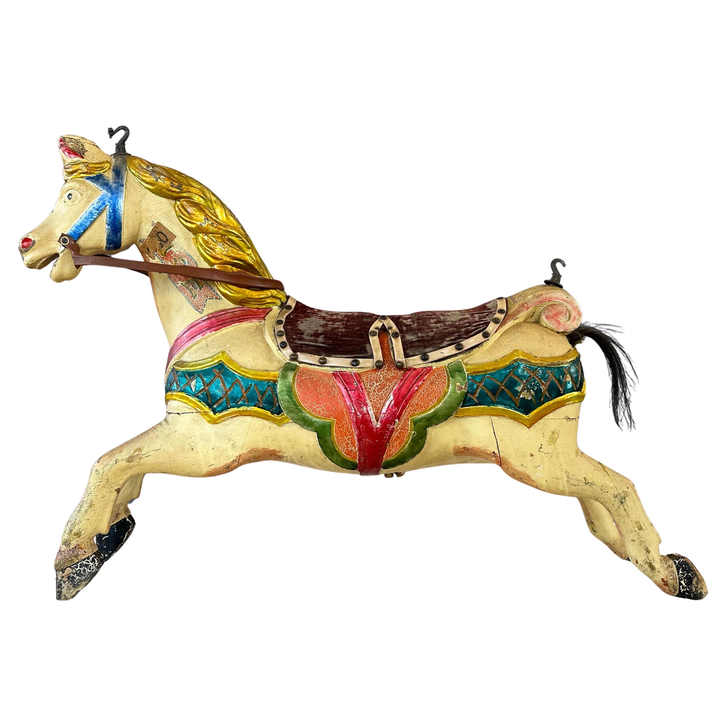 Child’s Wood Carousel Horse with Polychrome, Mohair, and Horse Hair, c. 1920 For Sale