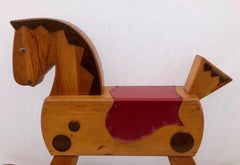 Child's Wooden Rocking Horse with Footrest, Black Wood Mane and Red Saddle