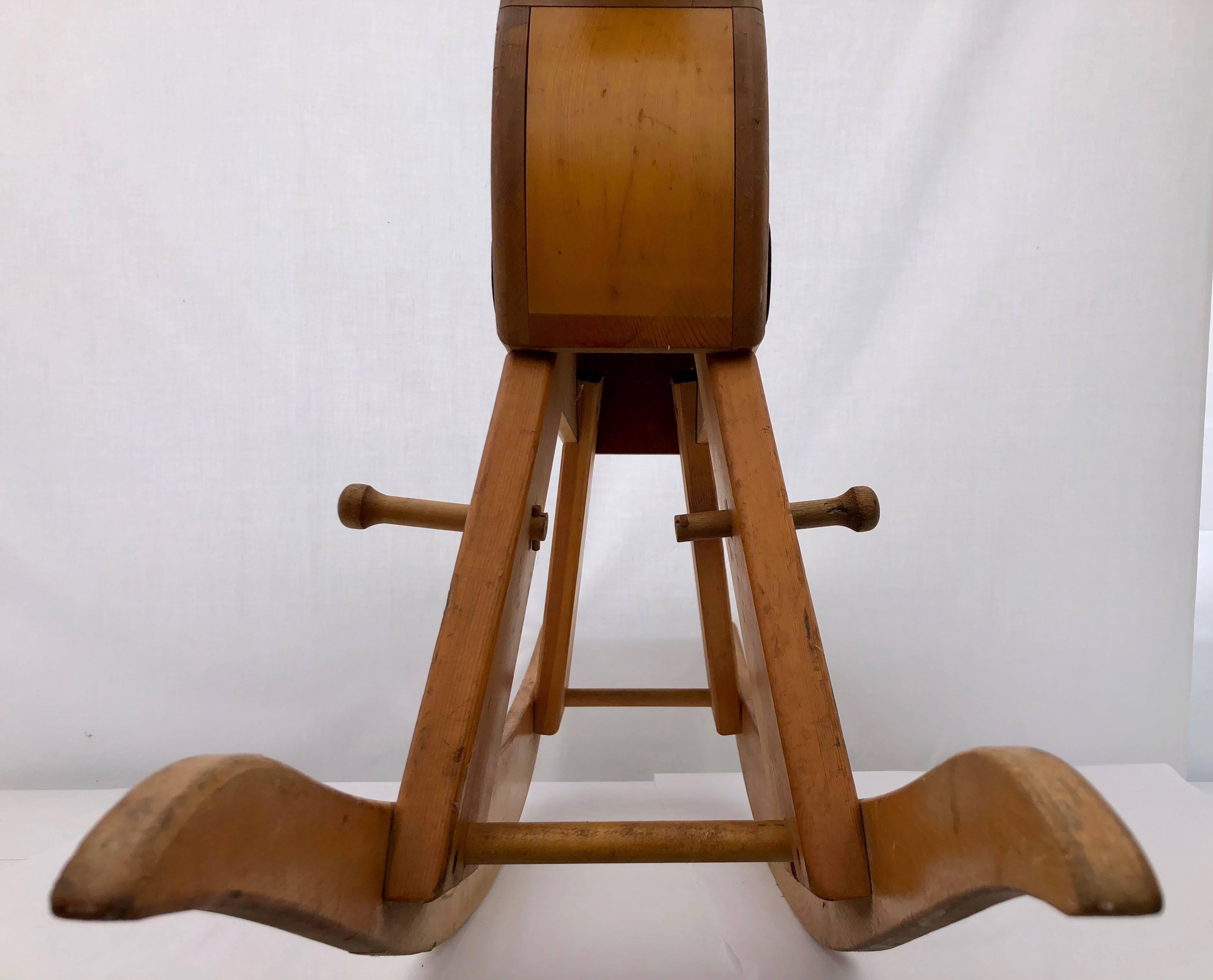 Child's Wooden Rocking Horse with Footrest, Black Wood Mane and Red Saddle In Good Condition For Sale In Petaluma, CA