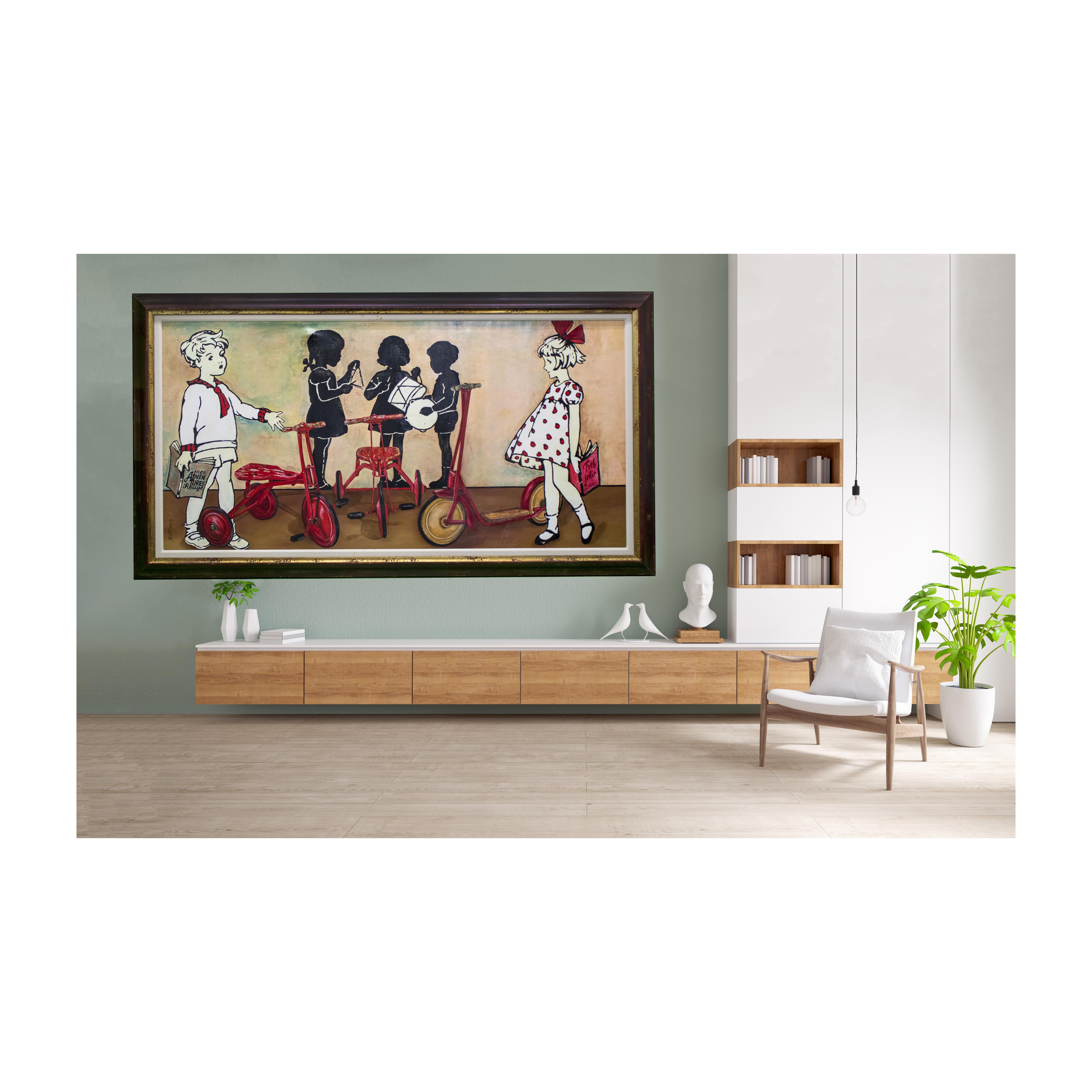 Original artwork by award winning Gwenda McDougall. This intriguing artwork was originally purchased at Art Basel Miami in 2008. Part of the Red Trike series, this large piece shows great color and whimsy.

Dimensions: height: 51 inches / width: