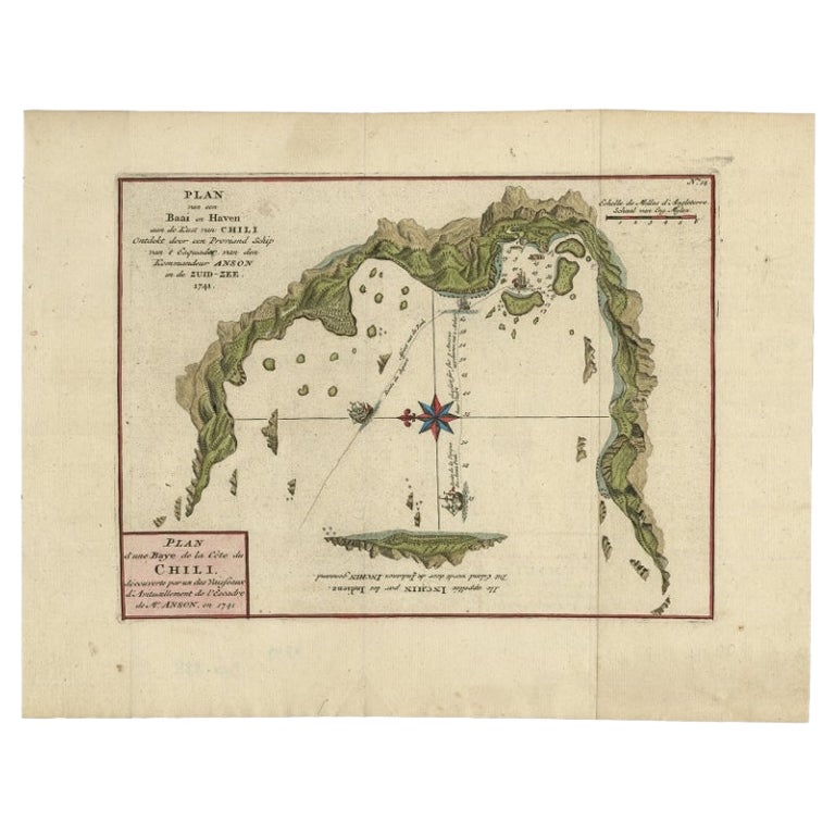Mappa della baia della costa del Cile - Carta antica del 1749 di Anson da Voyage Around the World