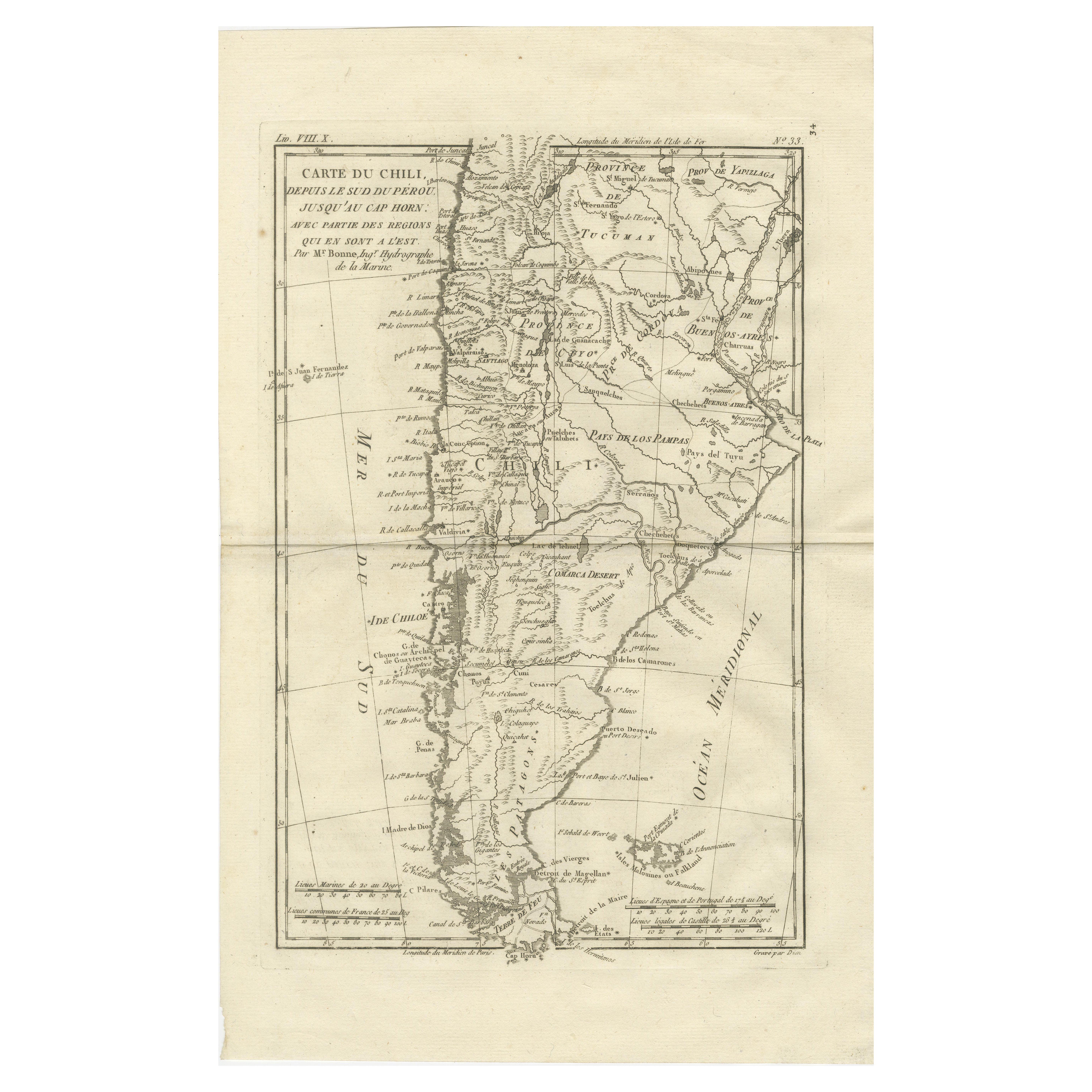 Chile from Peru to Cape Horn – Enlightenment Map by Rigobert Bonne, c.1780