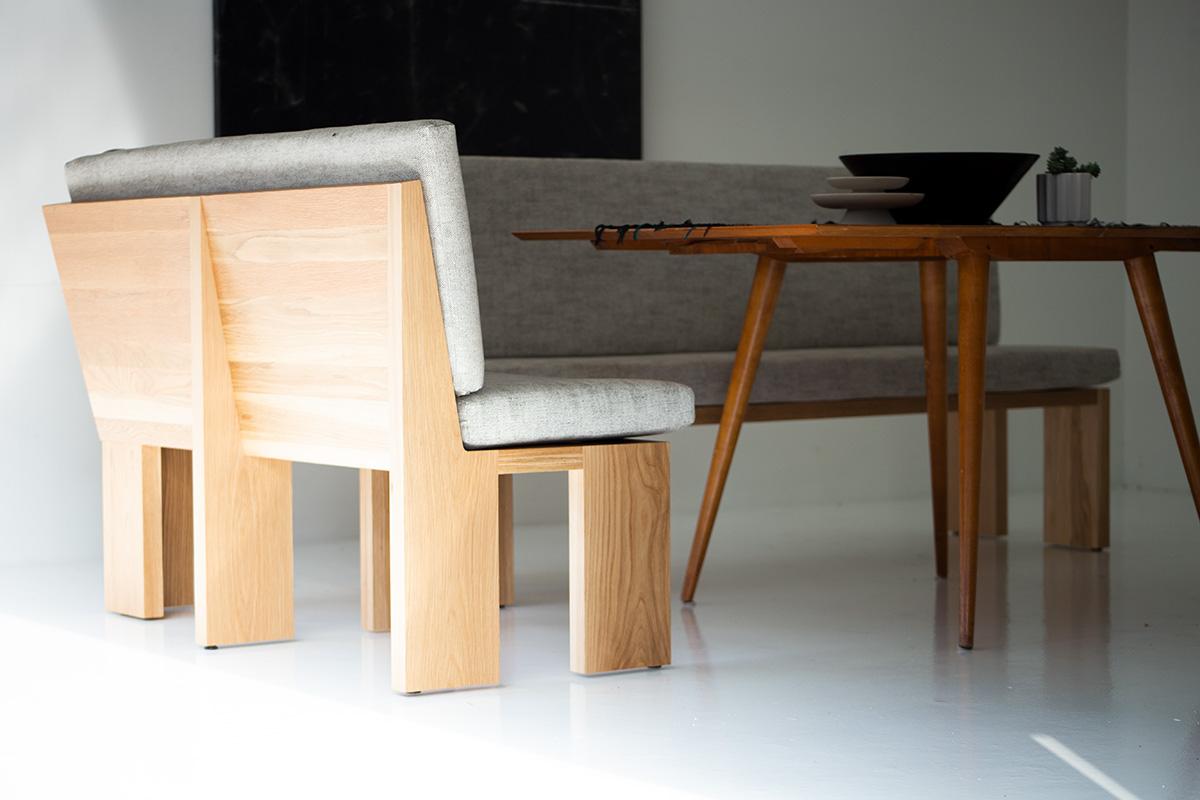 This Chile Modern Dining Banquette is beautifully constructed from solid white oak in Ohio, USA. The banquette's silhouette is simple, modern, and sleek with comfortable back and seat cushions. The price includes our commercial grade thick weave