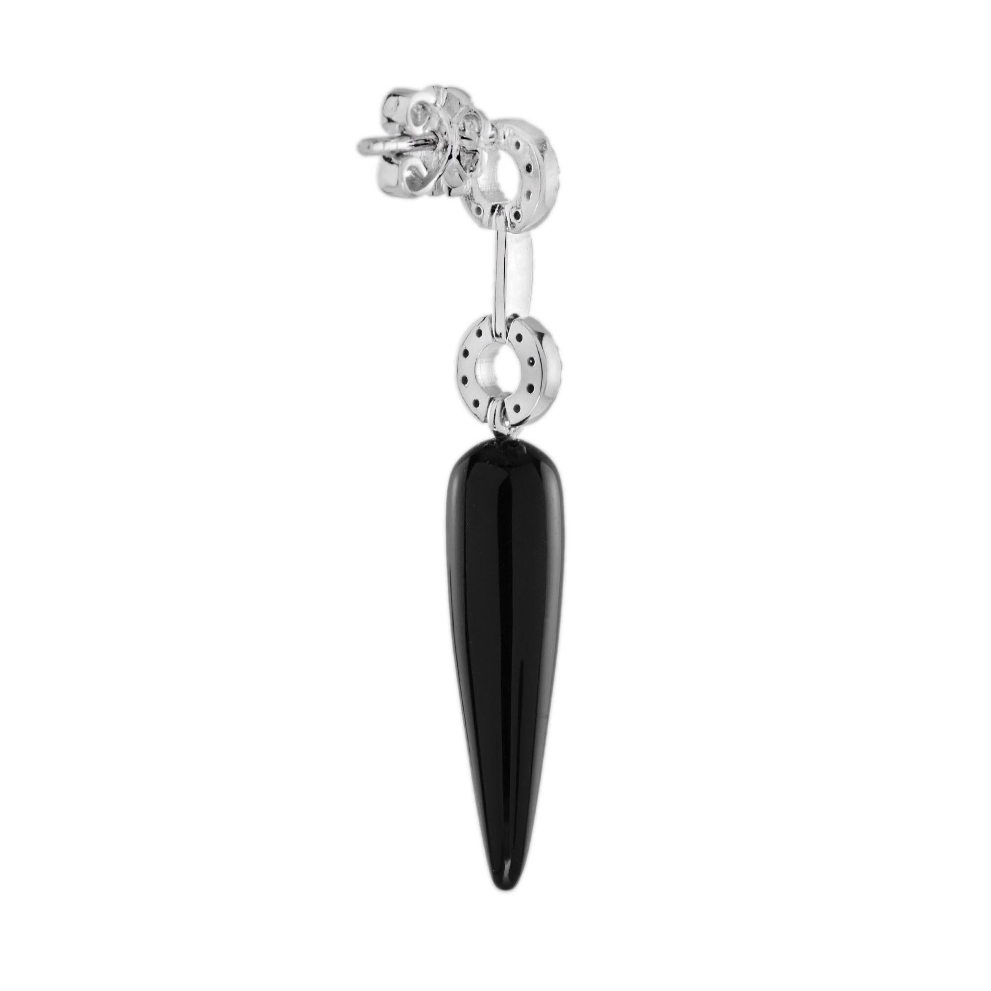Chili Black Onyx and Diamond Art Deco Style Drop Earrings in 14K White Gold In New Condition For Sale In Bangkok, TH