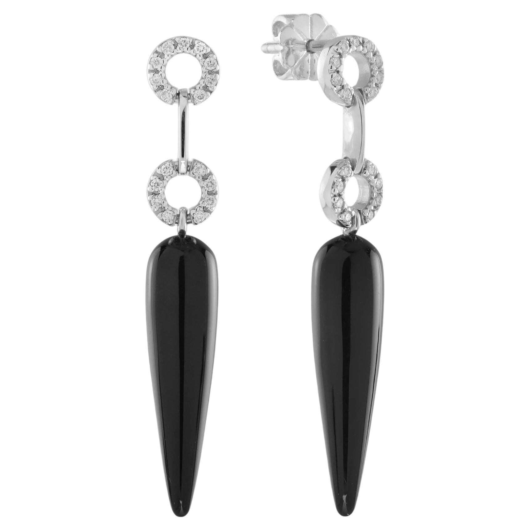 Chili Black Onyx and Diamond Art Deco Style Drop Earrings in 14K White Gold For Sale