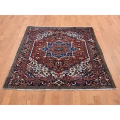 Chili Red Antique Persian Heriz Small Rare Size Hand Knotted Pure Wool Clean Rug