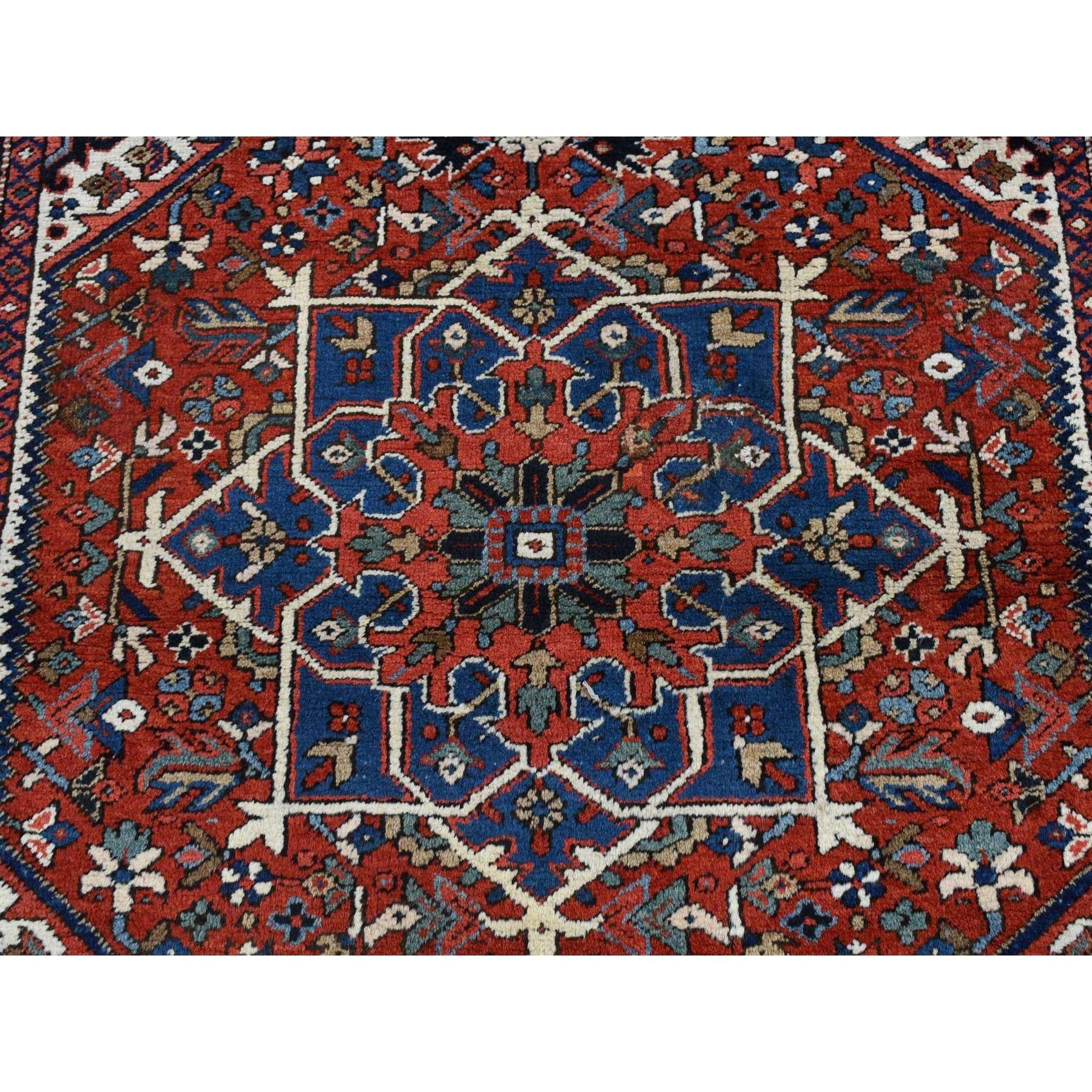 Early 20th Century Chili Red Antique Persian Heriz Small Rare Size Hand Knotted Pure Wool Clean Rug For Sale