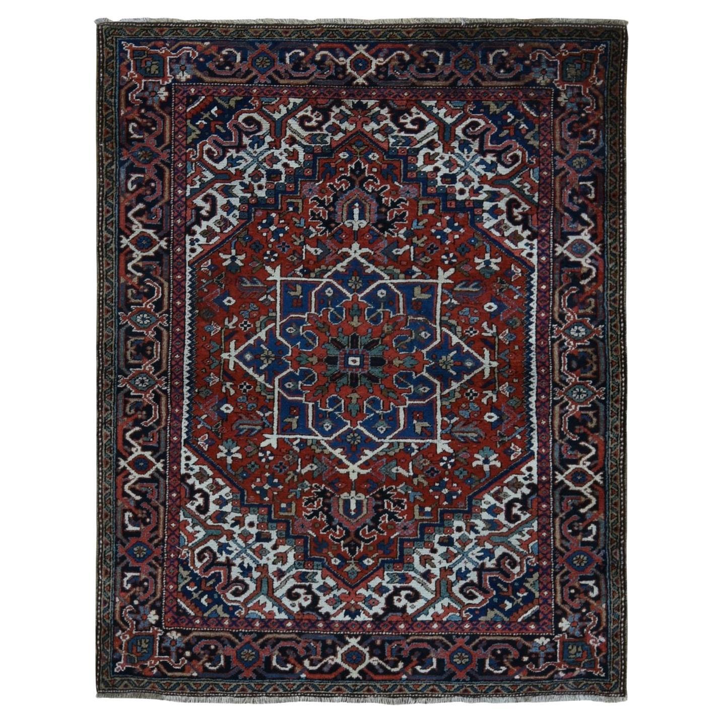 Chili Red Antique Persian Heriz Small Rare Size Hand Knotted Pure Wool Clean Rug For Sale
