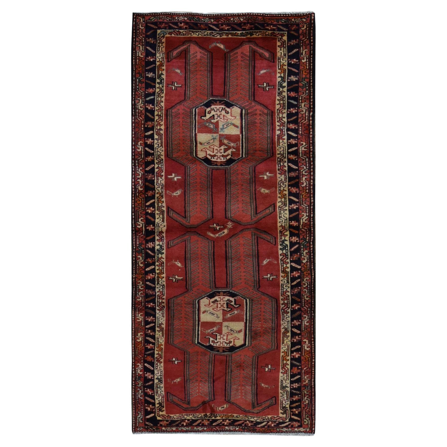 Chili Red Vintage Bohemian North West Persian Hand Knotted Pure Wool Runner Rug For Sale