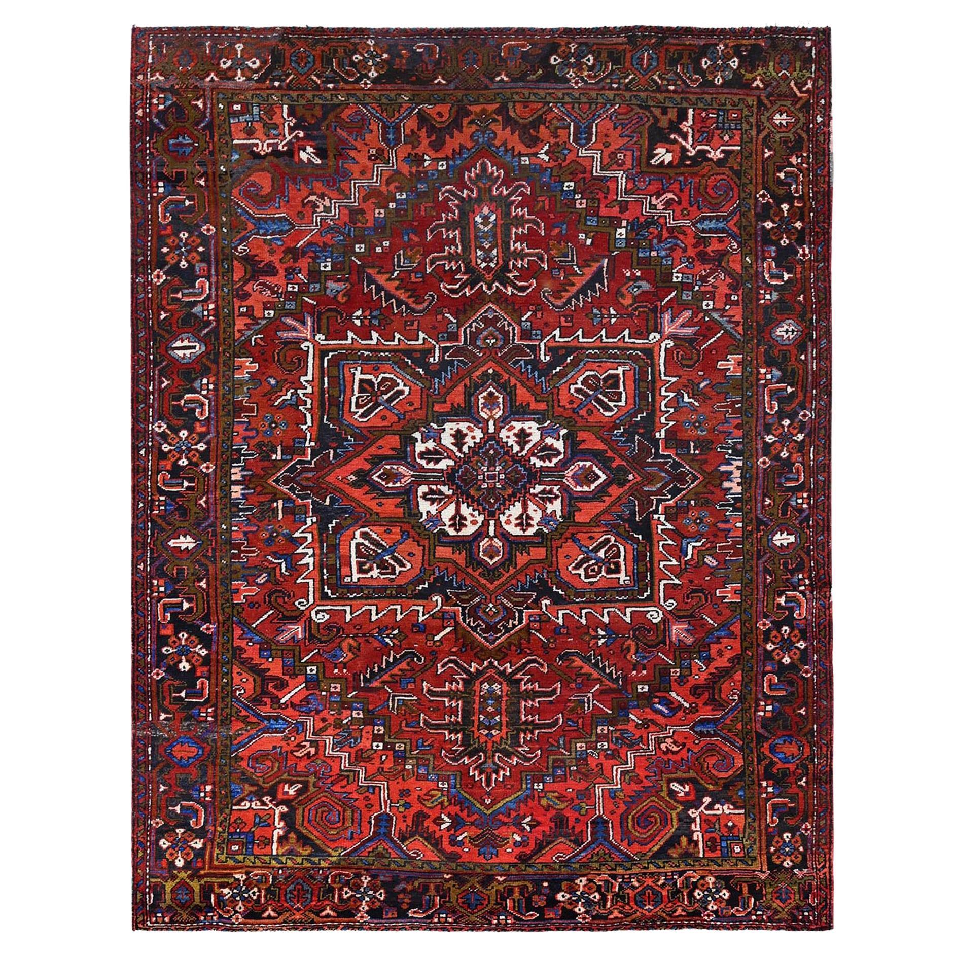Chili Red Vintage Good Condition Rustic Look Worn Wool Hand Knotted Oriental Rug For Sale