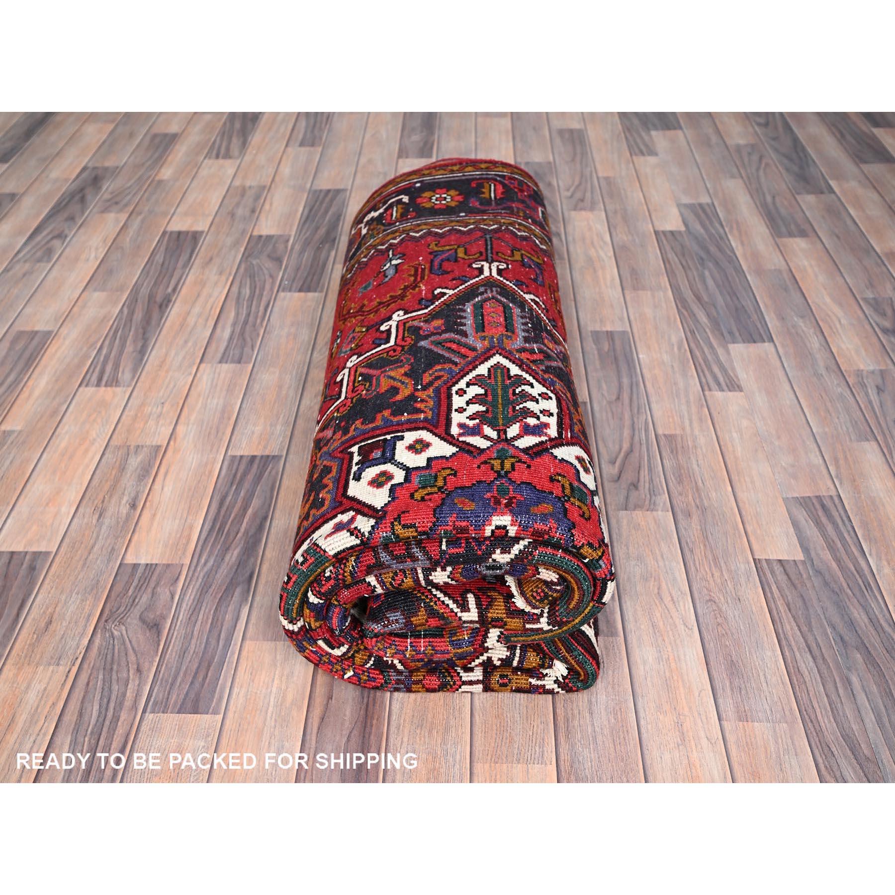 Chili Red Vintage Persian Heriz Clean Hand Knotted Pure Wool Distressed Look Rug For Sale 4