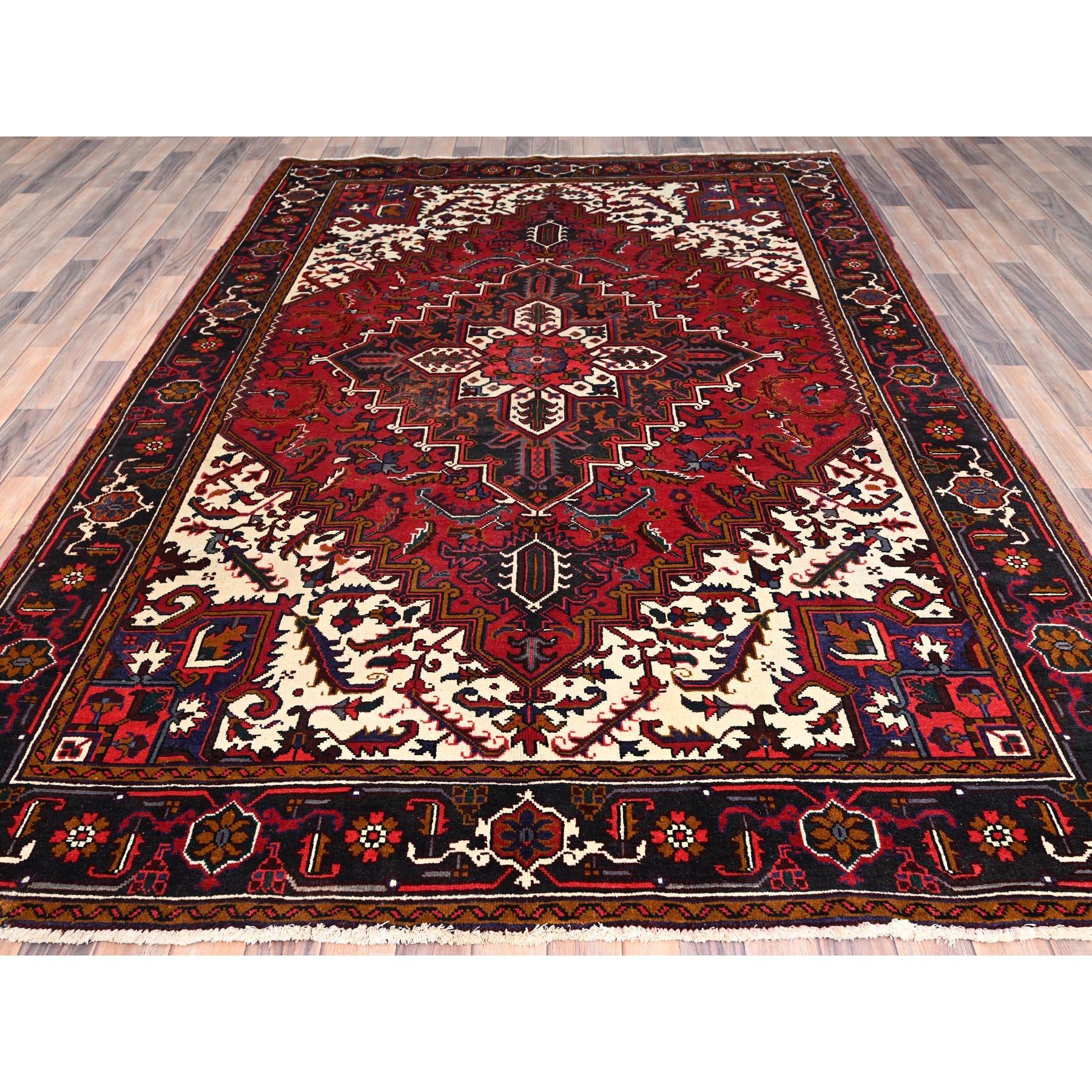 Medieval Chili Red Vintage Persian Heriz Clean Hand Knotted Pure Wool Distressed Look Rug For Sale