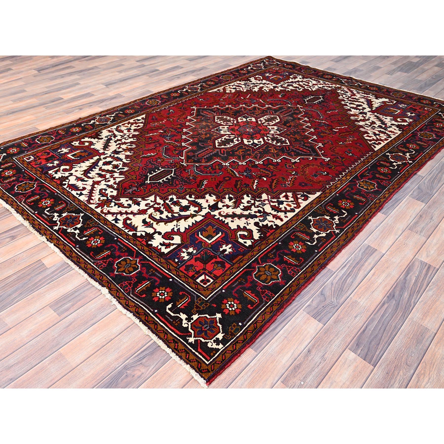 Hand-Knotted Chili Red Vintage Persian Heriz Clean Hand Knotted Pure Wool Distressed Look Rug For Sale