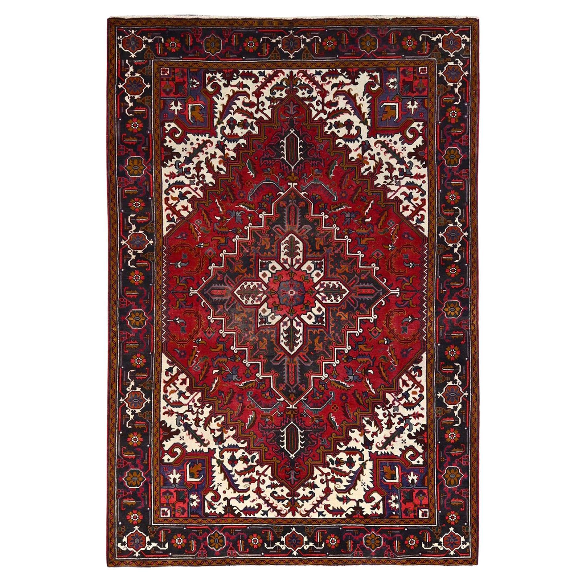 Chili Red Vintage Persian Heriz Clean Hand Knotted Pure Wool Distressed Look Rug For Sale