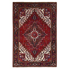 Chili Red Vintage Persian Heriz Clean Hand Knotted Pure Wool Distressed Look Rug