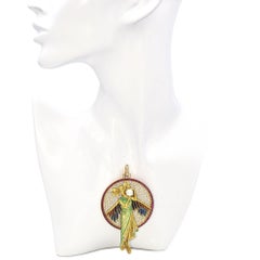 Chilleri 18k Gold Art Nouveau Flying Nymph Enamel and Gemstone Pendant