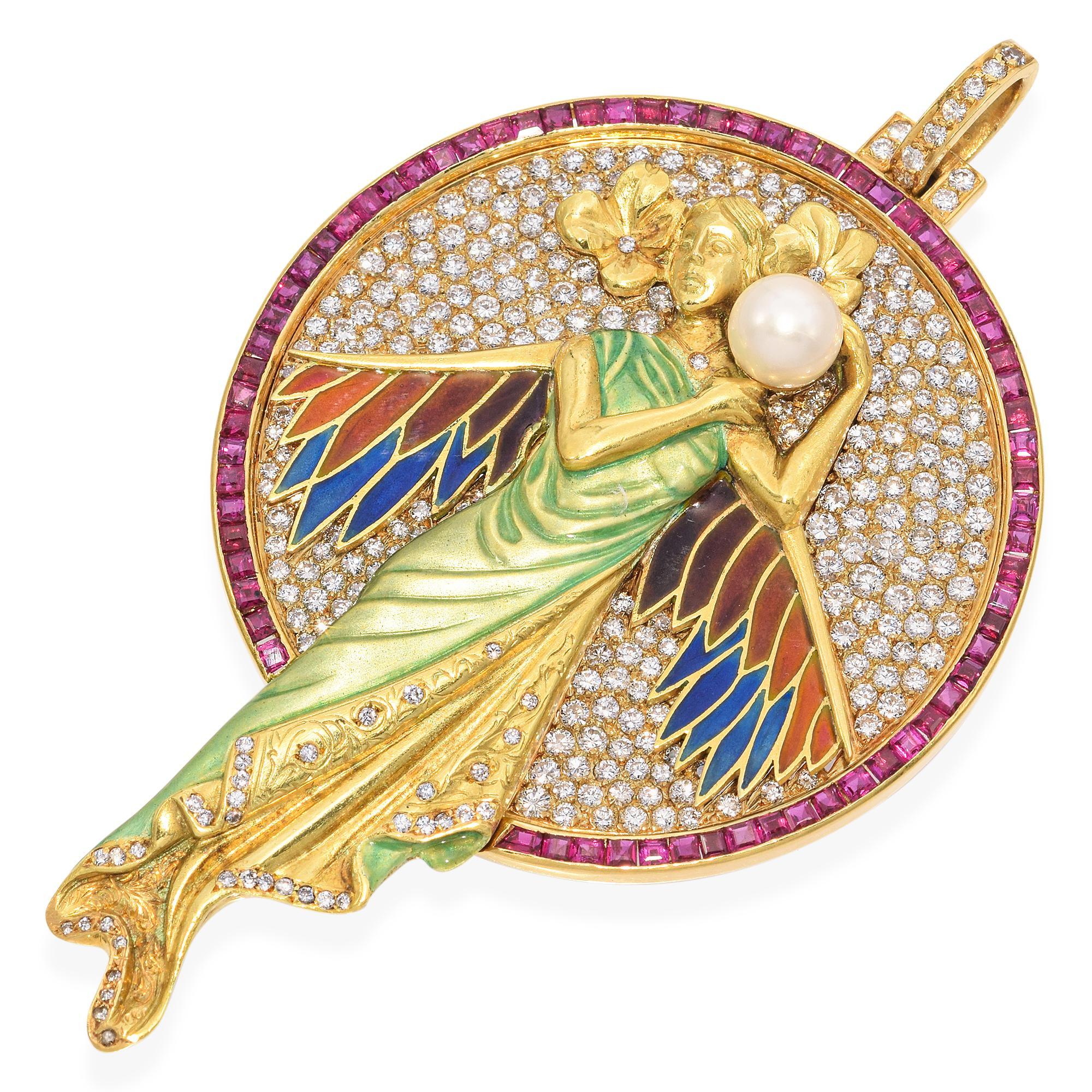 Chilleri Colgante de oro de 18 quilates de estilo Art Nouveau de ninfa voladora con esmalte y piedras preciosas Corte brillante en venta
