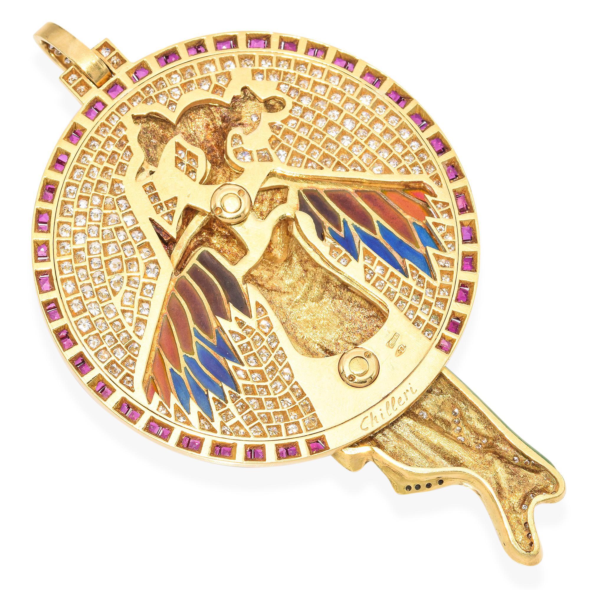 Chilleri Colgante de oro de 18 quilates de estilo Art Nouveau de ninfa voladora con esmalte y piedras preciosas en Bueno estado para la venta en New York, NY