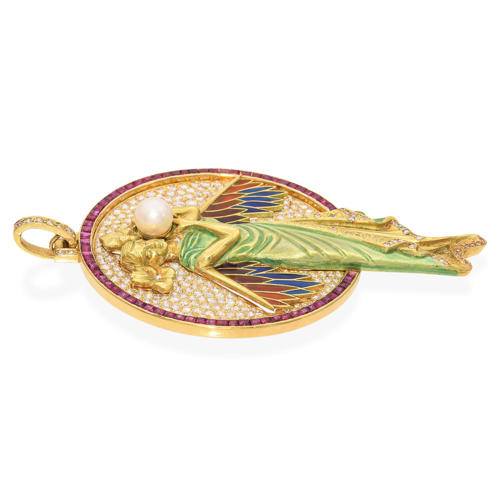 De las mujeres Chilleri Colgante de oro de 18 quilates de estilo Art Nouveau de ninfa voladora con esmalte y piedras preciosas en venta