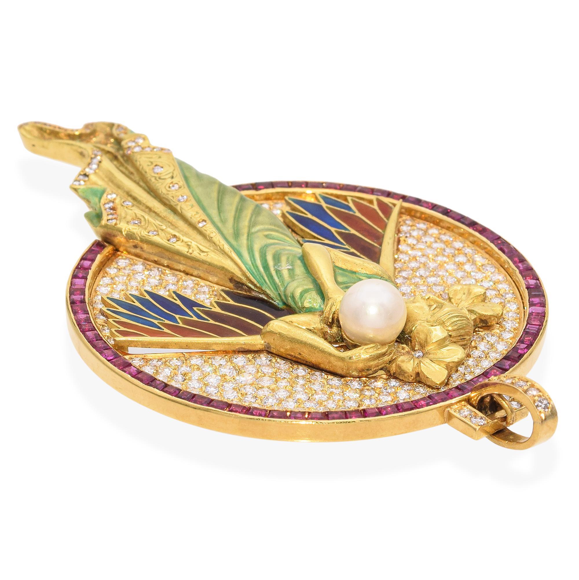 Chilleri Colgante de oro de 18 quilates de estilo Art Nouveau de ninfa voladora con esmalte y piedras preciosas en venta 1