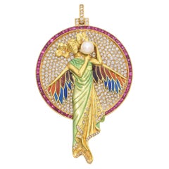 Chilleri Pendentif Art Nouveau en or 18 carats, émail de nylon volant et pierres précieuses