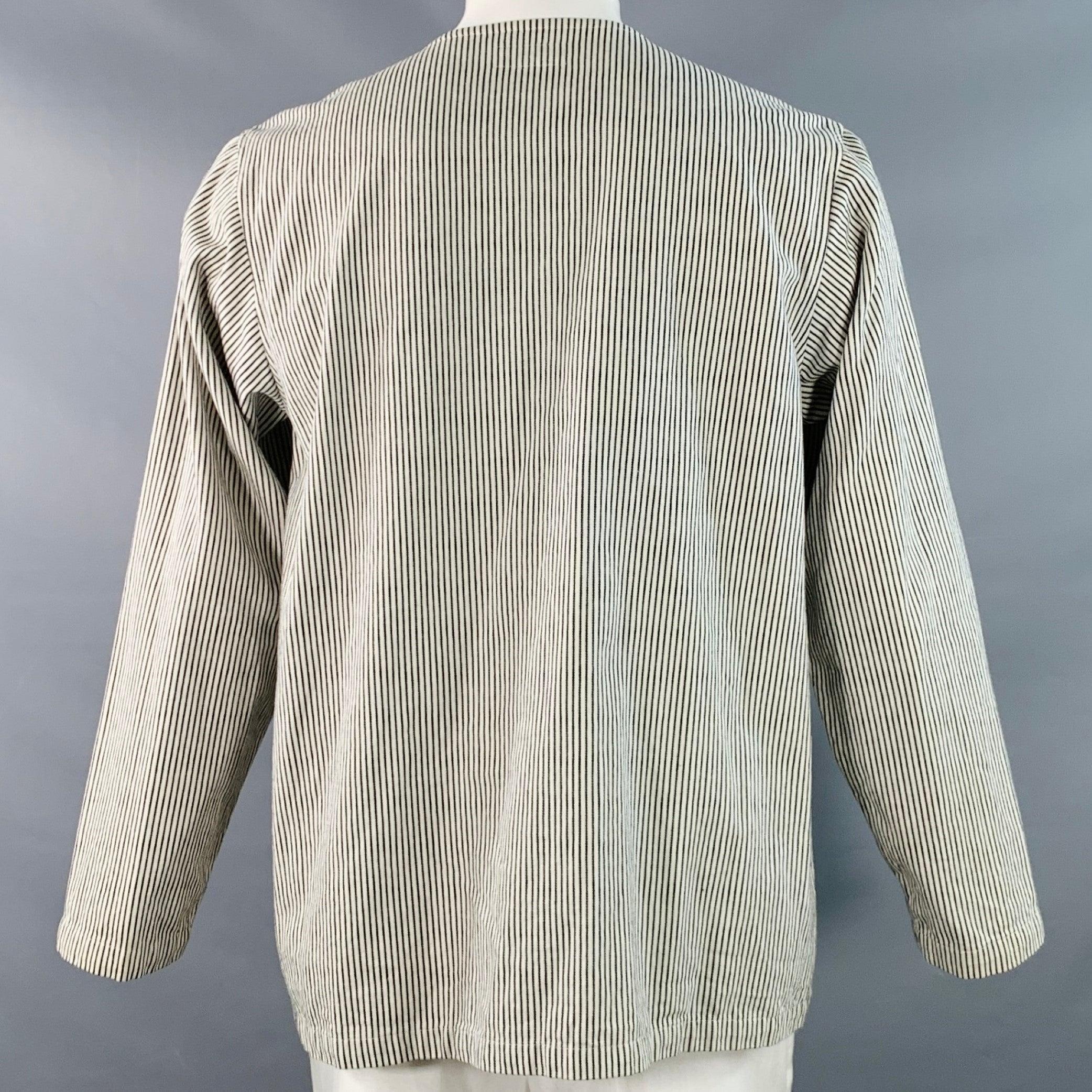 CHIMALA Size L White Black Stripe Cotton Two Pockets Collarless Jacket In Excellent Condition For Sale In San Francisco, CA