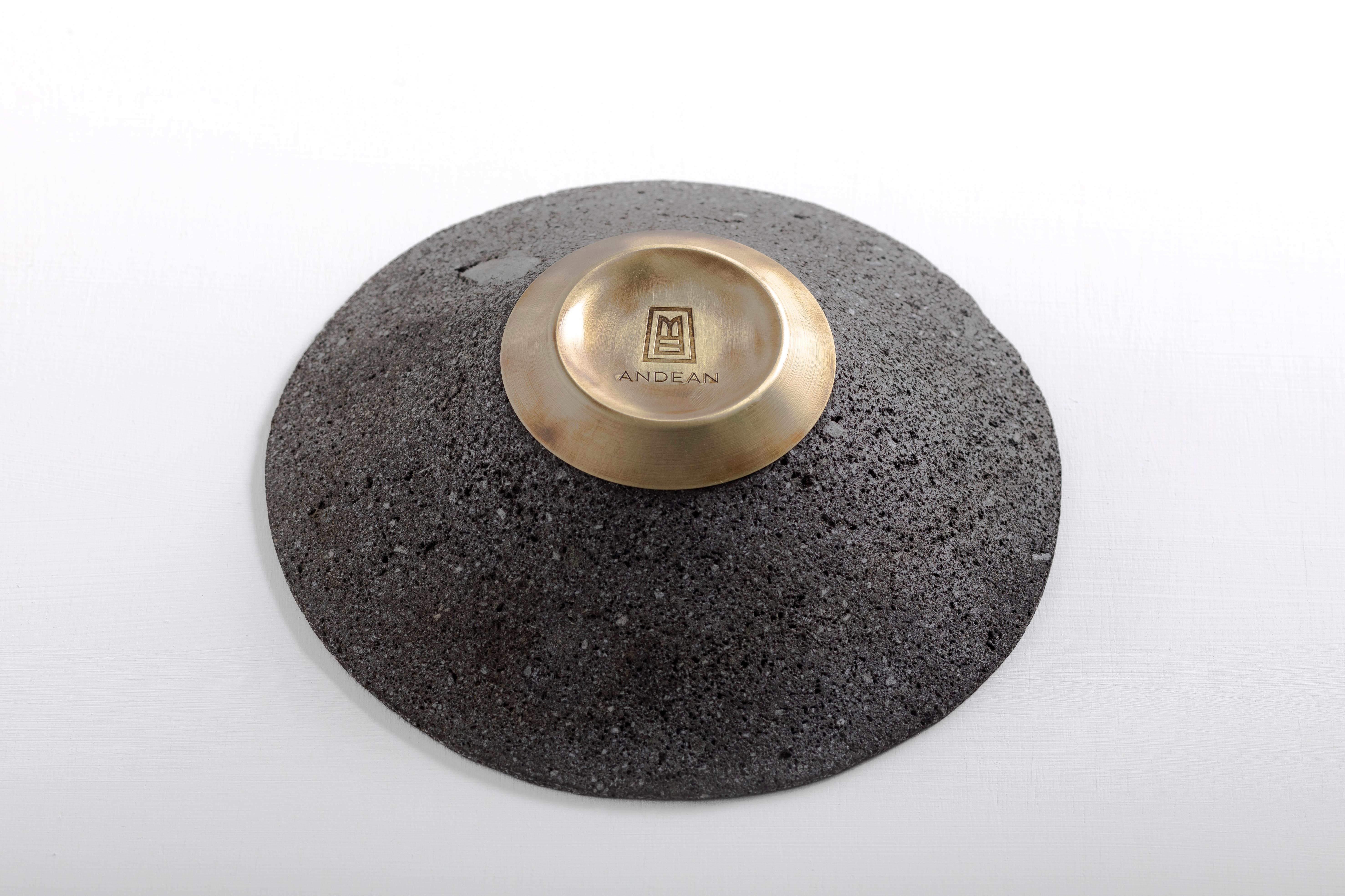 Ecuadorean CHIMBORAZO Decorative Volcanic Stone Bowl with Bronze Detail by ANDEAN, In Stock For Sale