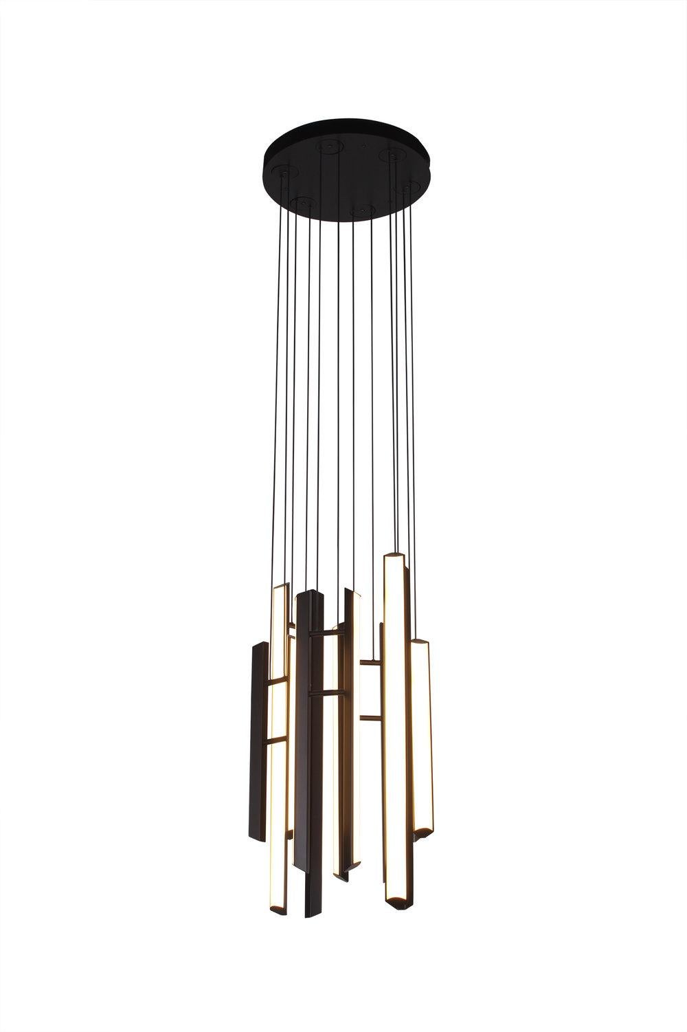 CHIME CHANDELIER suspends delicately balanced pairs of Chime bars which are inspired by the harmonious sound of resonating bells. Both compact and customizable, Chime chandelier is an enchanting addition to a staircase or grand entry.

See the full