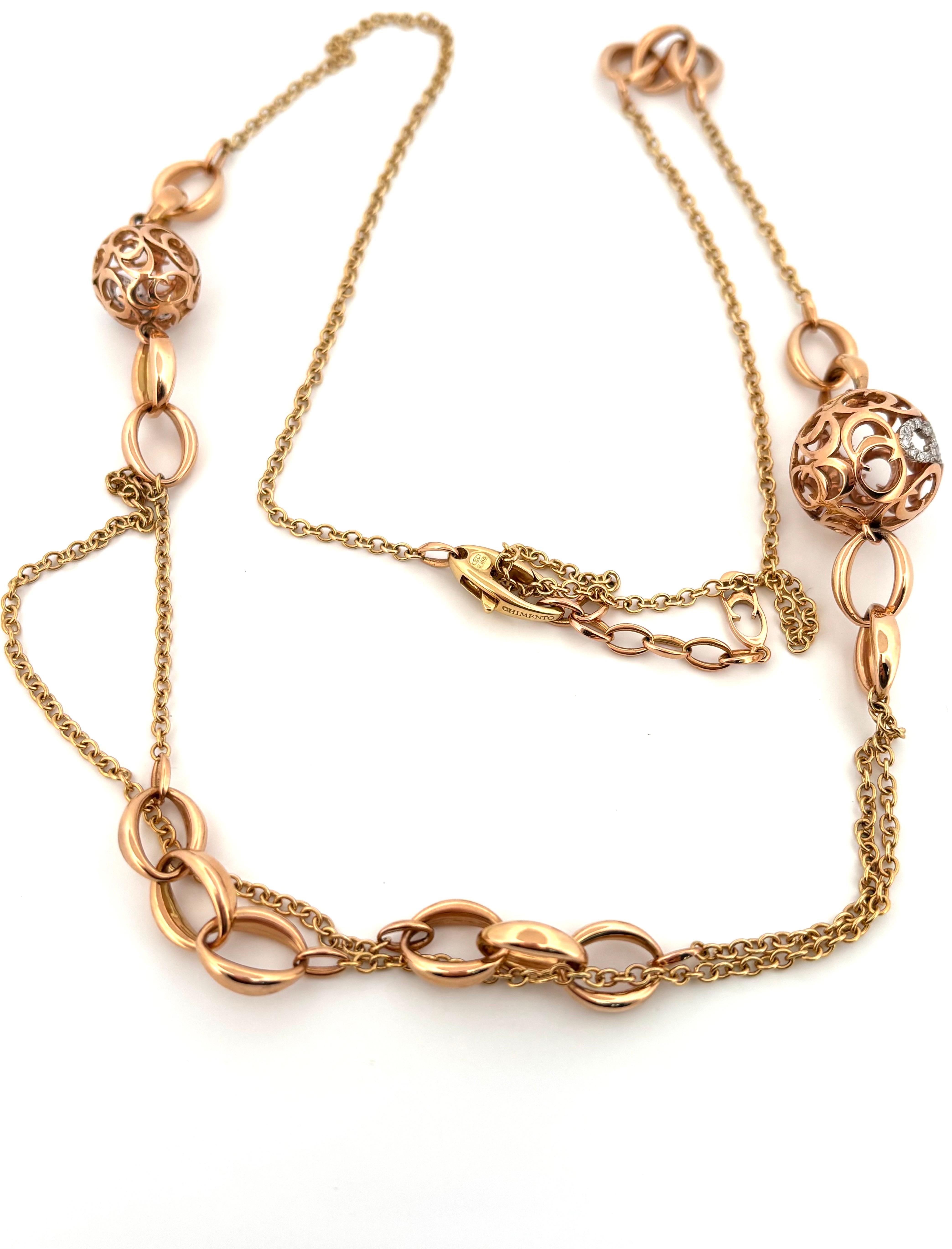 Rétro Chimento - Collier et boucles d'oreilles en or rose et jaune 18 carats avec longues chaînes à diamants en vente