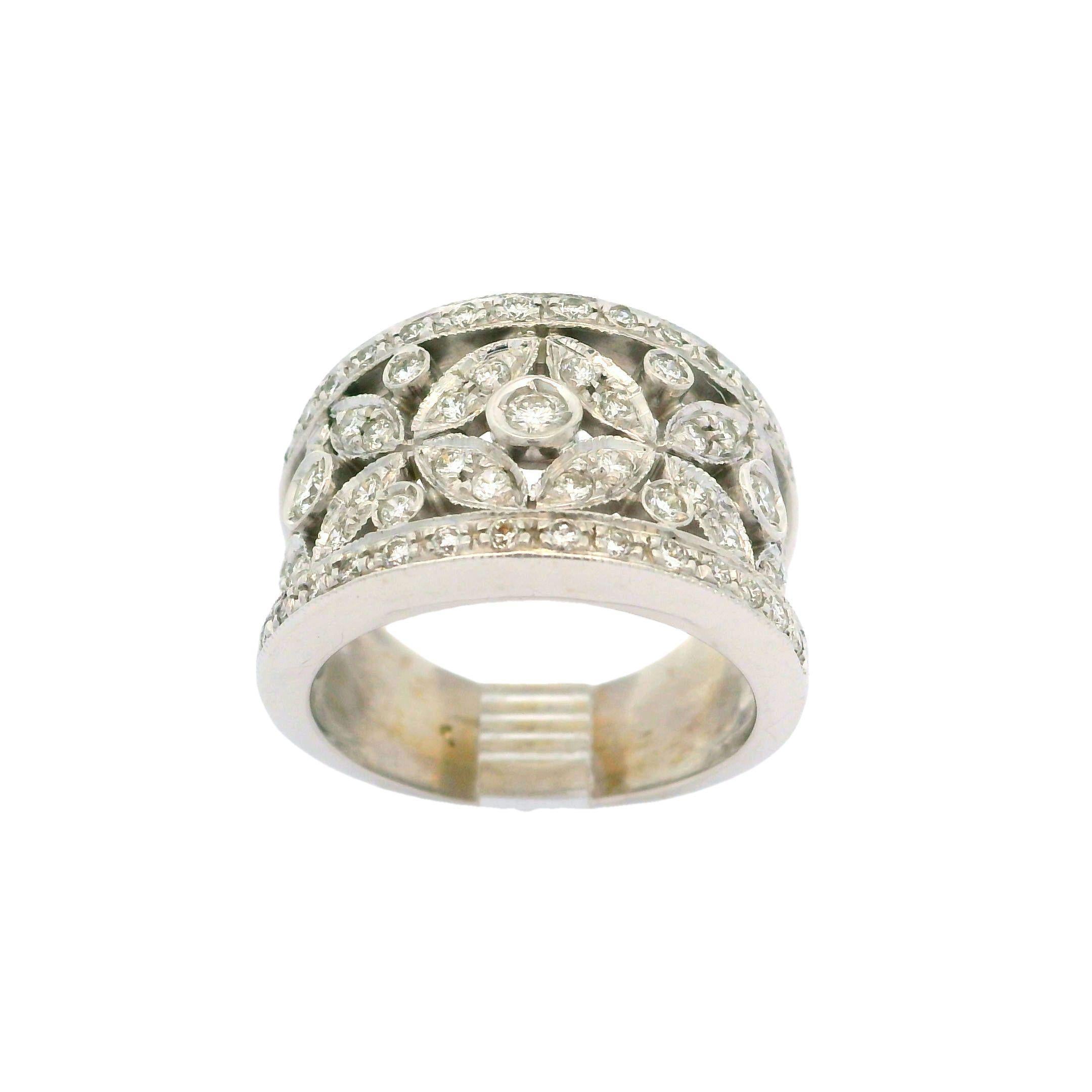 --Stone(s):--
(59) Natural Genuine Diamonds - Round Brilliant Cut - Pave & Bezel Set - VS1/VS2 Clarity - G/H Color - 0.75-1.0ctw (approx.)
Total Carat Weight: 0.75-1.0 (approx.)

Material: Solid 18k White Gold
Weight: 8.61 Grams
Ring Size: 6.5
