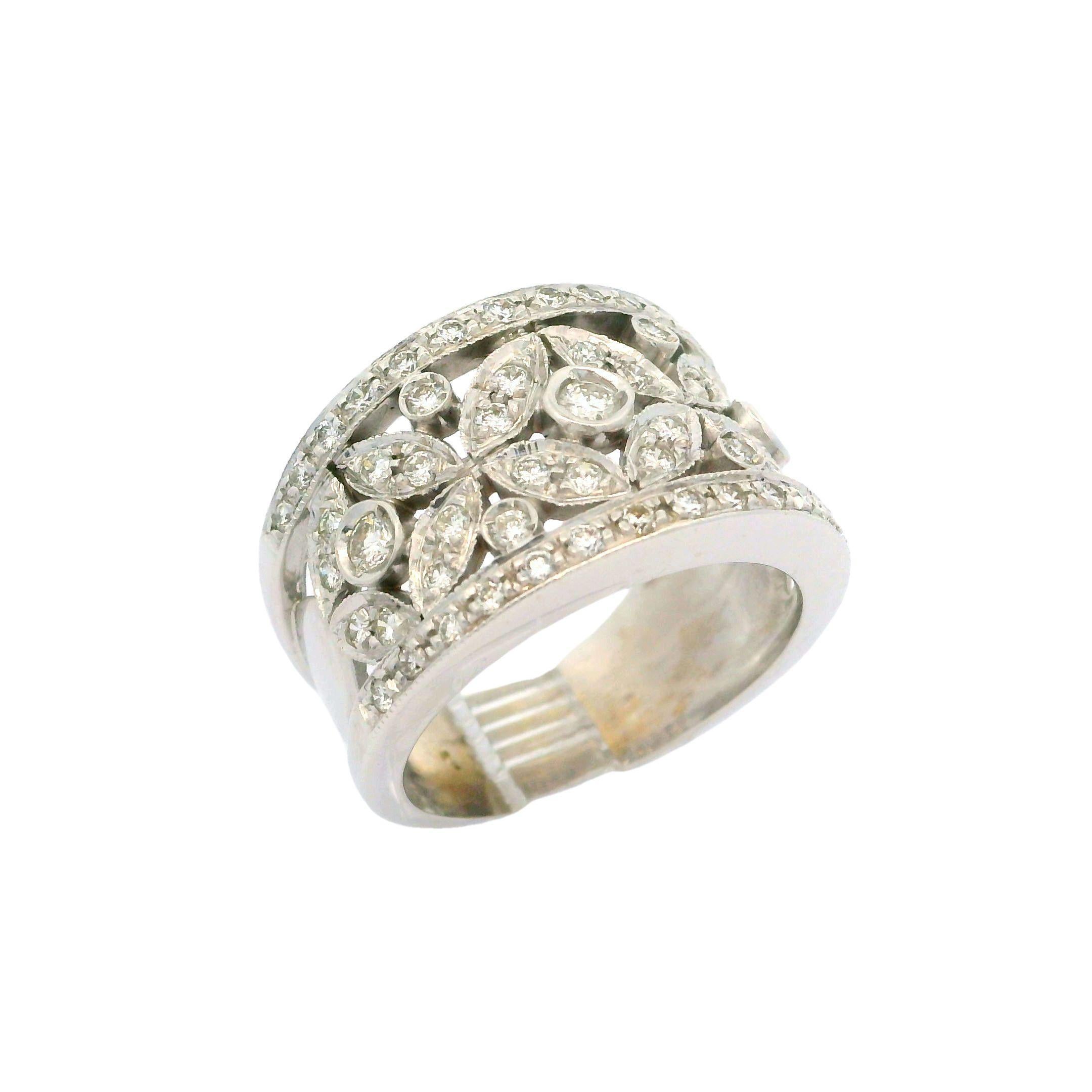 Round Cut Chimento 18k White Gold 1ctw Diamond Floral 13.4mm Wide Band Ring